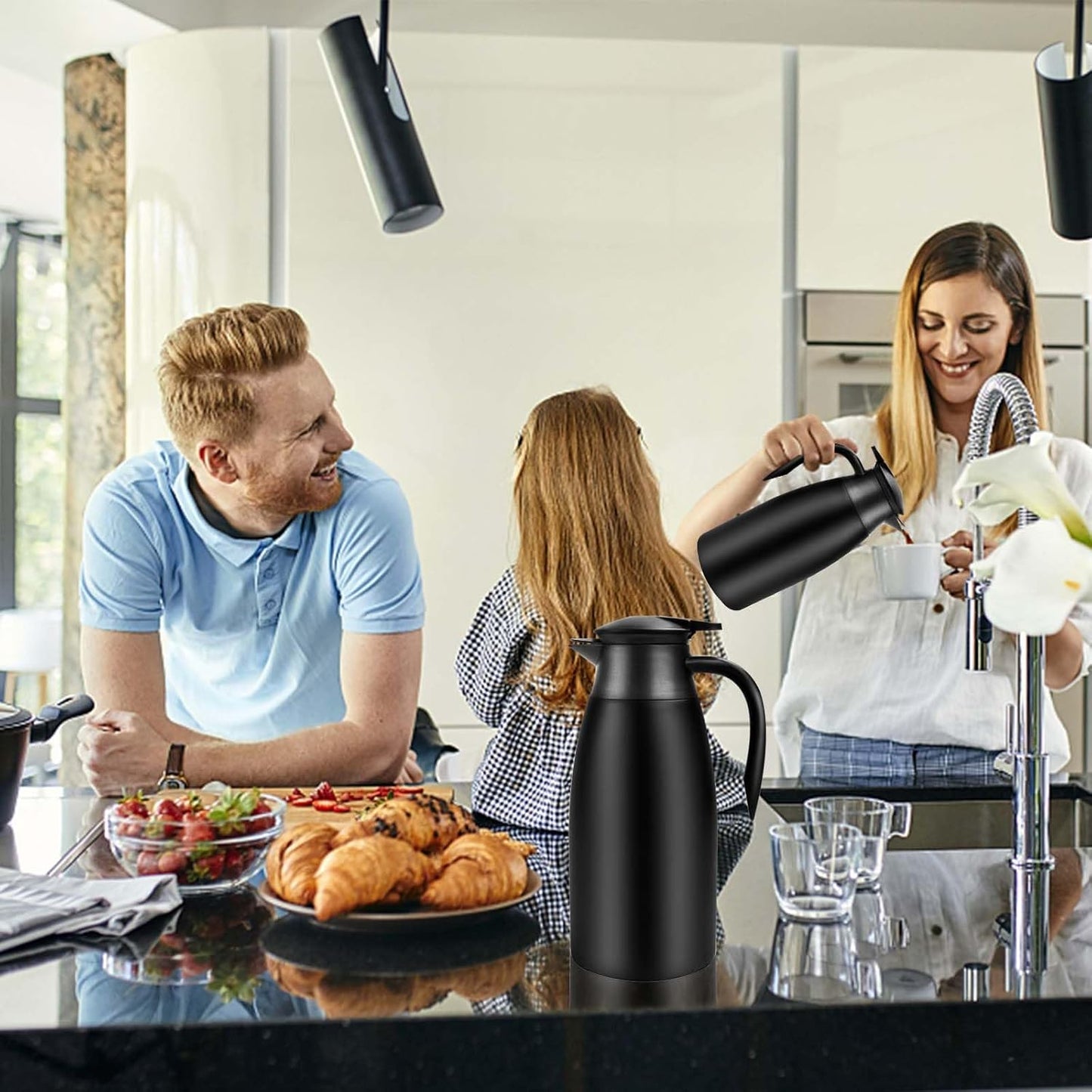 68oz Thermal Coffee Carafe, Stainless Steel Coffee Carafes for Keeping Hot, Airpot Insulated Tea Pot Dispenser for Hot Water, Tea, Hot Beverage - Keep 12 Hours Hot, 24 Hours Cold, Black