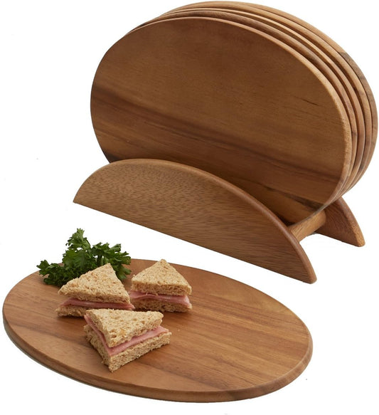 6 Acacia Wood Serving Boards with Stand, Perfect for Serving, Sushi, Cheese, Hors d'oeuvre, Charcuterie, Sandwiches by Woodard & Charles, 7 Piece Set, 9 1/2" x 6 1/2" ★★PACK OF 10★★