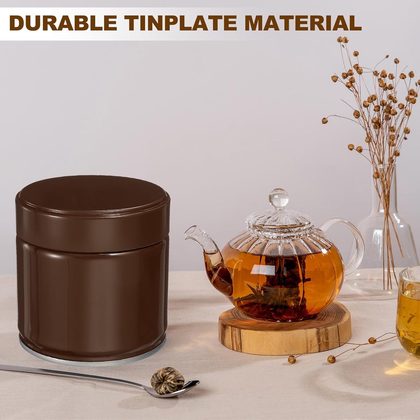 uxcell 2Pcs Round Tea Canisters, 3" x 3" Airtight Metal Tea Containers for Loose Tea, Coffee Beans, Spices - Durable, Compact, and Stylish Storage Tea Tin (Brown)