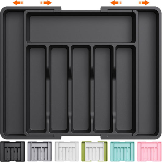 Lifewit Large Silverware Drawer Organizer, Expandable Utensil Tray for Kitchen, BPA Free Flatware and Cutlery Holder, Adjustable Plastic Storage for Spoons Forks Knives, Large, Black