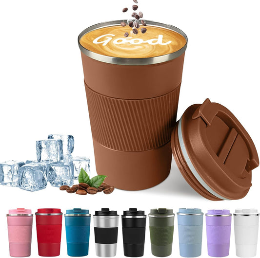 YINBAOGE Insulated Travel Coffee Mug Spill Proof Leak Proof Pobtable To Go Camping Stainless Steel Coffee Tumbler Reusable Coffee Cups with Lids Thermos for Hot and Cold Drink (Brown, 12 OZ)