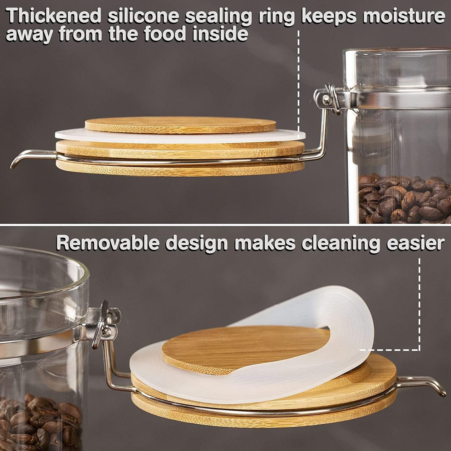 Yangbaga Glass Coffee Sugar Containers with Shelf, 3 x 45 OZ Coffee Bean Storage Station Organizer with Airtight Locking Clamp and Coffee Bamboo Scoop, Large Capacity Food Storage Jar for Kitchen