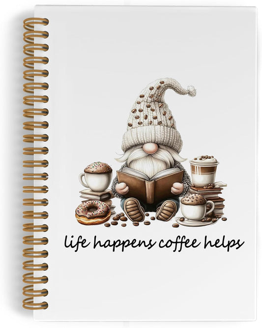 Funny Coffee Gnomes Spiral Notebook, Coffee Lovers Gifts Journal Notebook, Gnome Gifts Notebooks for School Work, Life Happens Cafe Helps Office Supplies Gifts for Women Men, 5.5x8.3 Inch