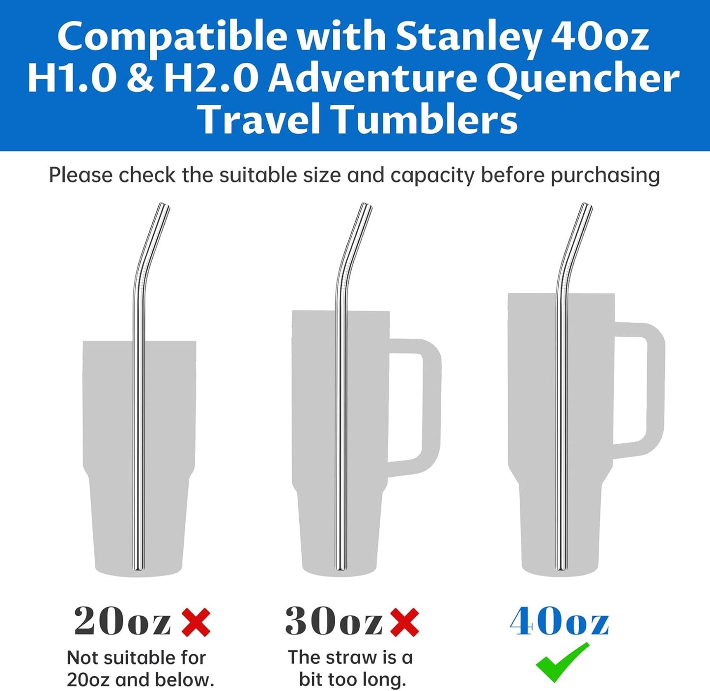 Tomorotec 8-Pack Bent Stainless Steel Straws for 40oz Stanley Tumblers, 12" Metal Straws for Stanley Cup with 1 Brush, Reusable Drinking Straws for Smoothies, Milkshakes, Dishwasher Safe (Silver)