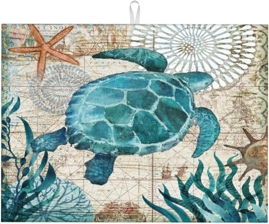 Ocean Sea Turtle Dish Drying Mat for Kitchen Counter 18x24 in, Retro Map Microfiber Drying Mats Absorbent Reversible Dish Pad Large Dish Draining Mat Fast Dry Kitchen Accessories