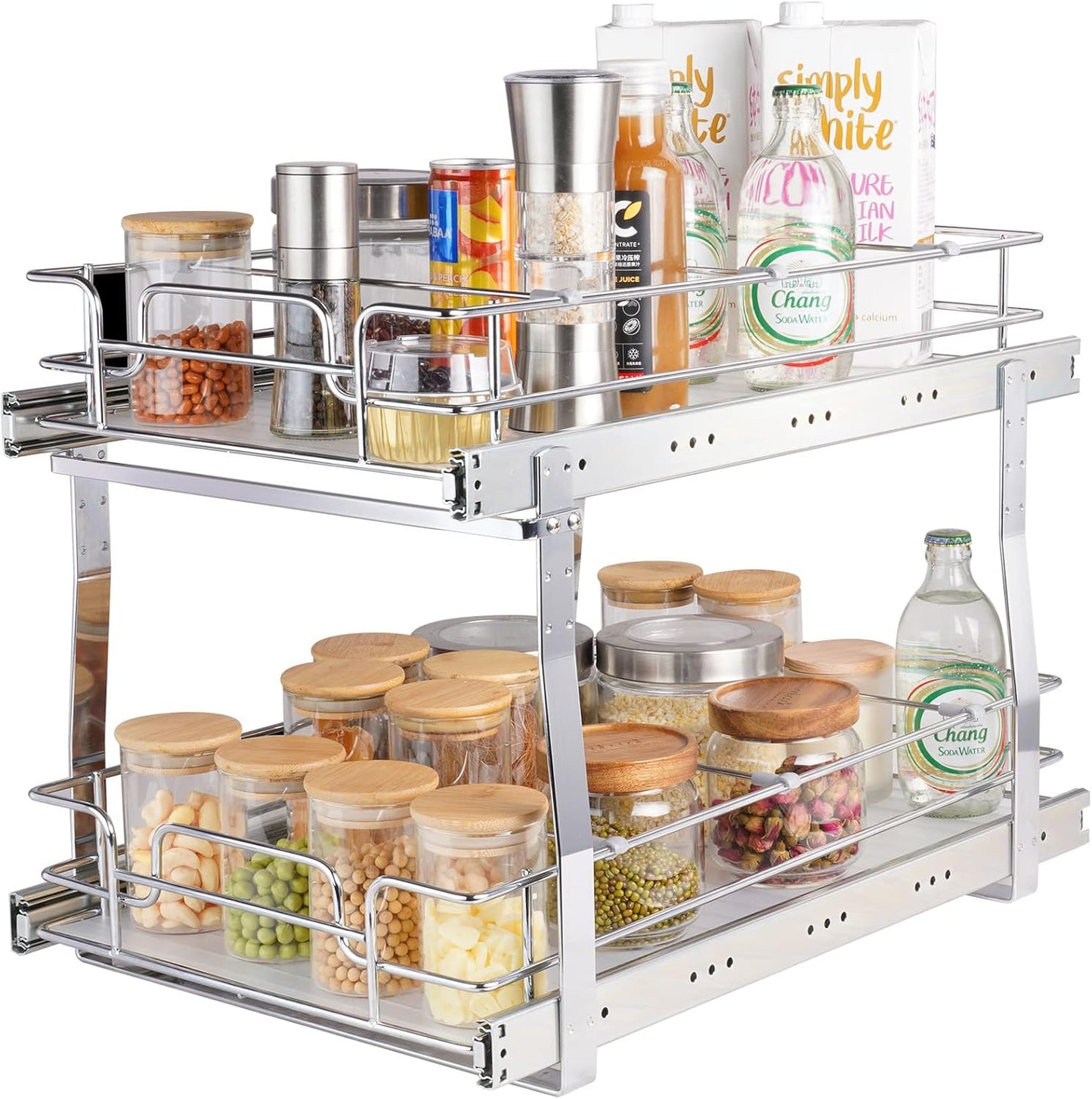 VEVOR Pull Out Cabinet Organizer, 14"Wx21"D Heavy 2 Tier Duty Slide Out Pantry Shelves, Chrome-Plated Steel Roll Out Drawer for Under Sink, 15.5"Wx22"D Install Size for Cabinet