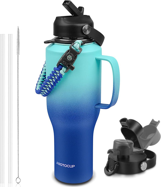 Water Bottle 40oz, Insulated Water Bottle with Handle & Straw Lids, Stainless Steel Water Bottle Fits in Any Car Cup Holder, Travel Cup Double Wall BPA-Free Leak-proof to Keep Cold &Hot