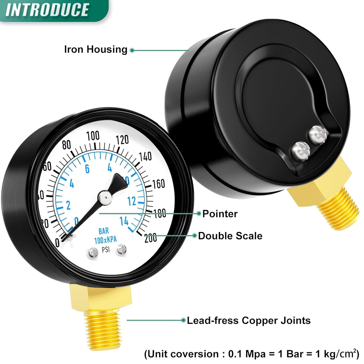 0-200PSI Well Pump Pressure Gauge 2" Dial Size, 1/8" NPT Lower Mount, 3-2-3% Accuracy, for Tube, Water Pump, Gas, Liquid, Pressure Test