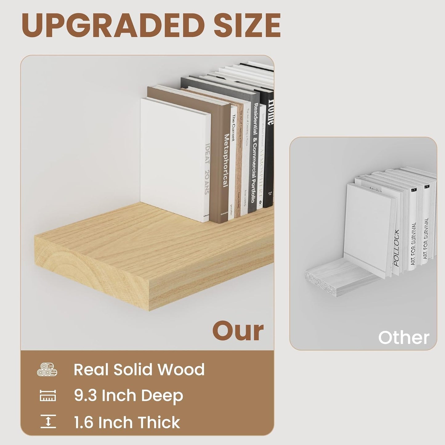 48" Solid Wood Floating Shelves, 9.3 Inch Deep Floating Shelves for Wall, Rustic Wooden Shelves for Wall Decor, Large Fireplace Mantel for Storage, Deep Floating Shelf Set of 1, Burlywood