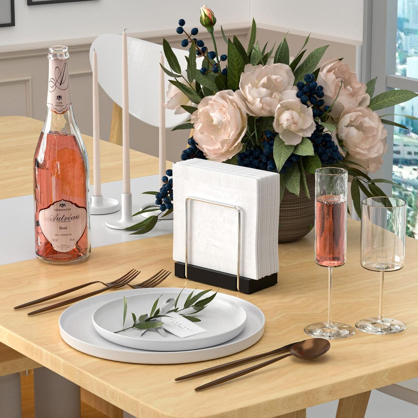 Mail Holder Bamboo Iron Mail Organizer Countertop Napkin Holder for Table Standing Napkin Dispenser for Kitchen Dining Table Farmhouse Cocktail Picnic Rustic File Holder for Desk Silvery & Black