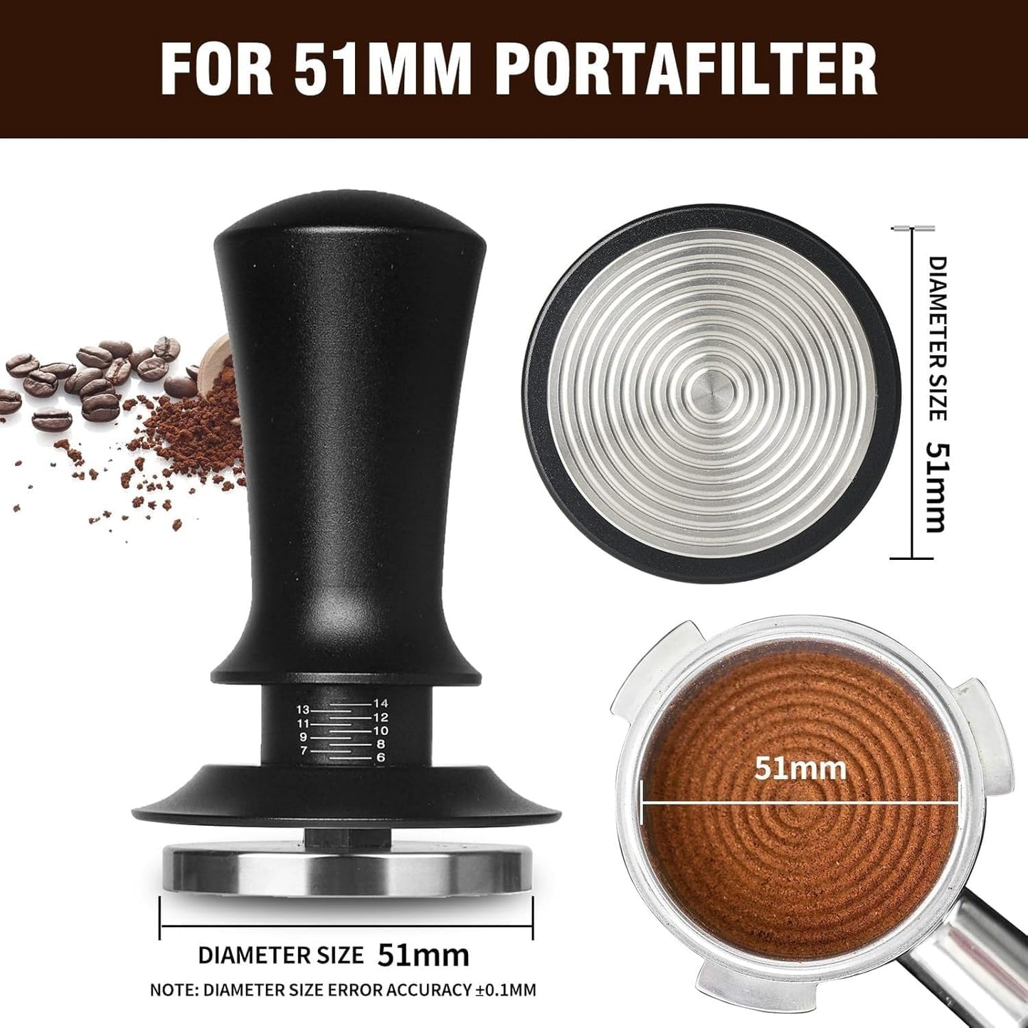 Gmnuiy51mm Coffee Espresso Tamper ，with Stainless Steel Base Tamper ，Silicone Tamper Mat,Black Espresso Distribution Tool， Coffee puck screen