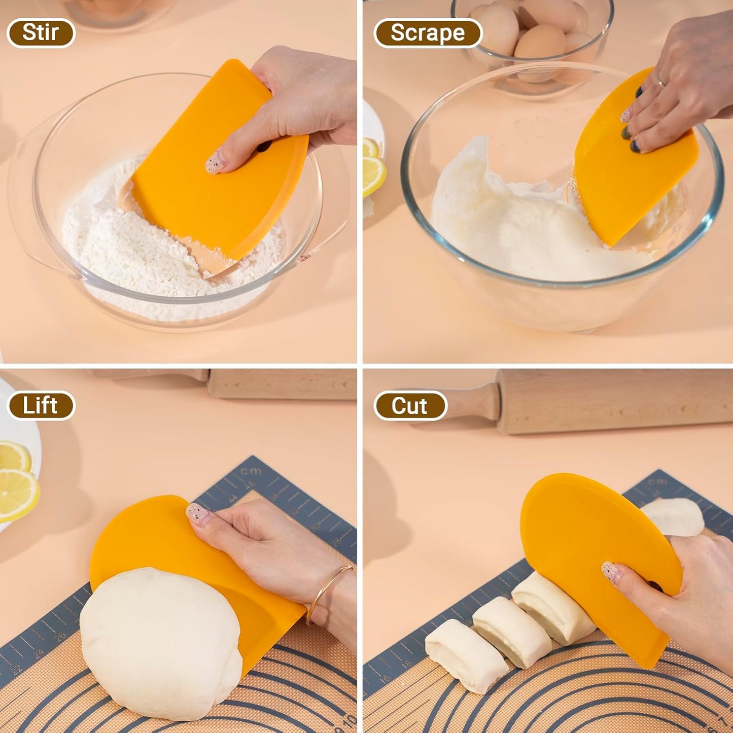 Sapid Flexible Curved Edge Silicone Bowl Scraper(5.98"×4.3"), Food Grade Dough Scraper for Baking Sourdough Bread, Cake, Bench Scrapers, Multipurpose Kitchen Dish Scrapers, Easy to Clean (1, Orange)