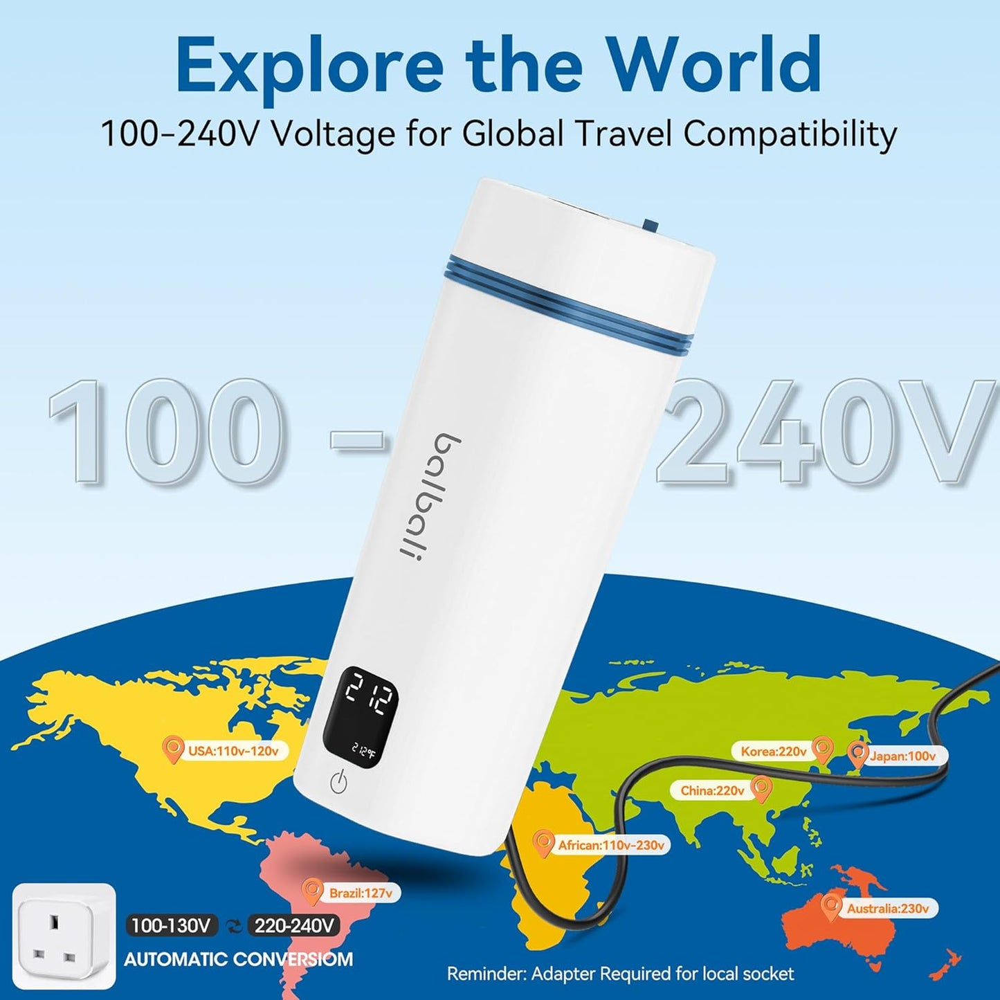 balbali Portable Tea Kettle for Travel 100-240V Dual Voltage - 6 Preset Electric Portable Water Heater for Boiling - Self Heating Cup/Thermos - 12oz Hot Water Boiler/Heater/Warmer - White