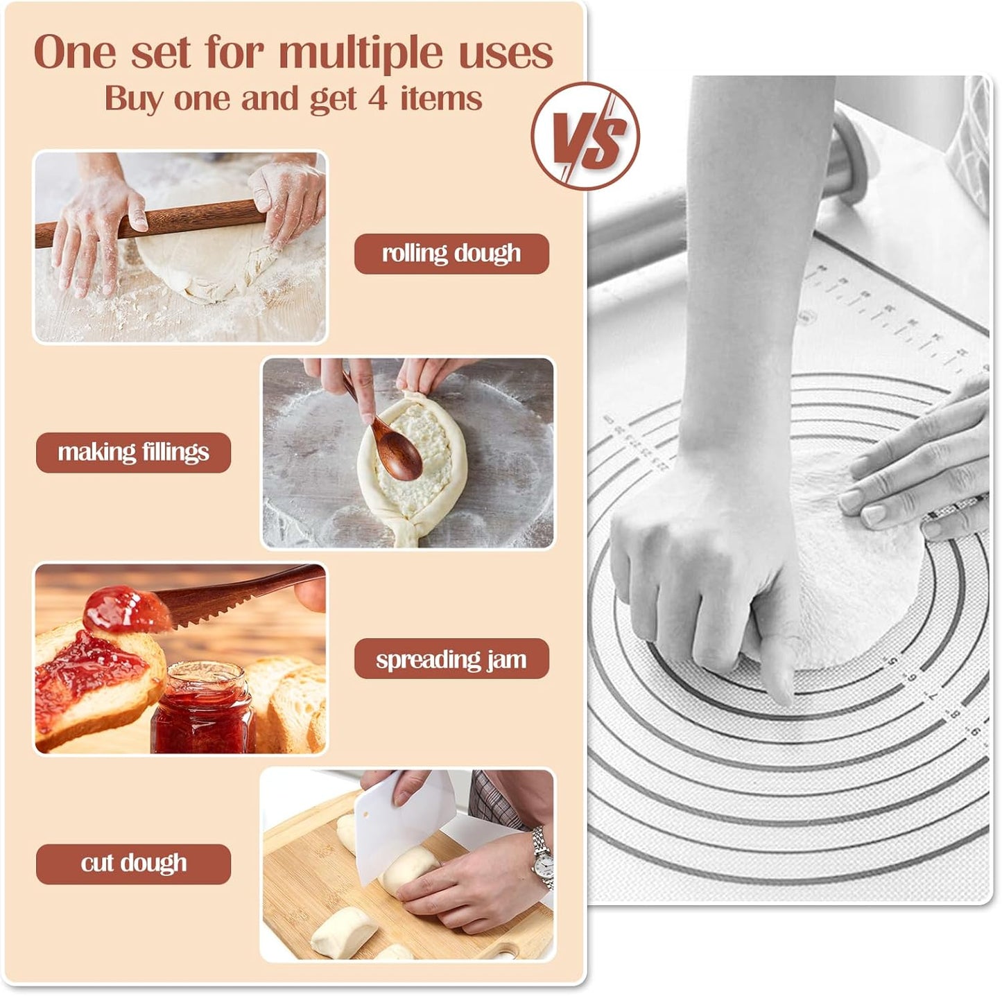 6PCS Silicone Baking Mat Set, Pastry Mat with Measurements Wooden Rolling Pin/Knife/Fork/Spoon/Scraper, Pasta Cutter,Non-slip Silicone Mat, Non-Stick Dough Mat for Counter,Kneading Mat Set,20"*16"