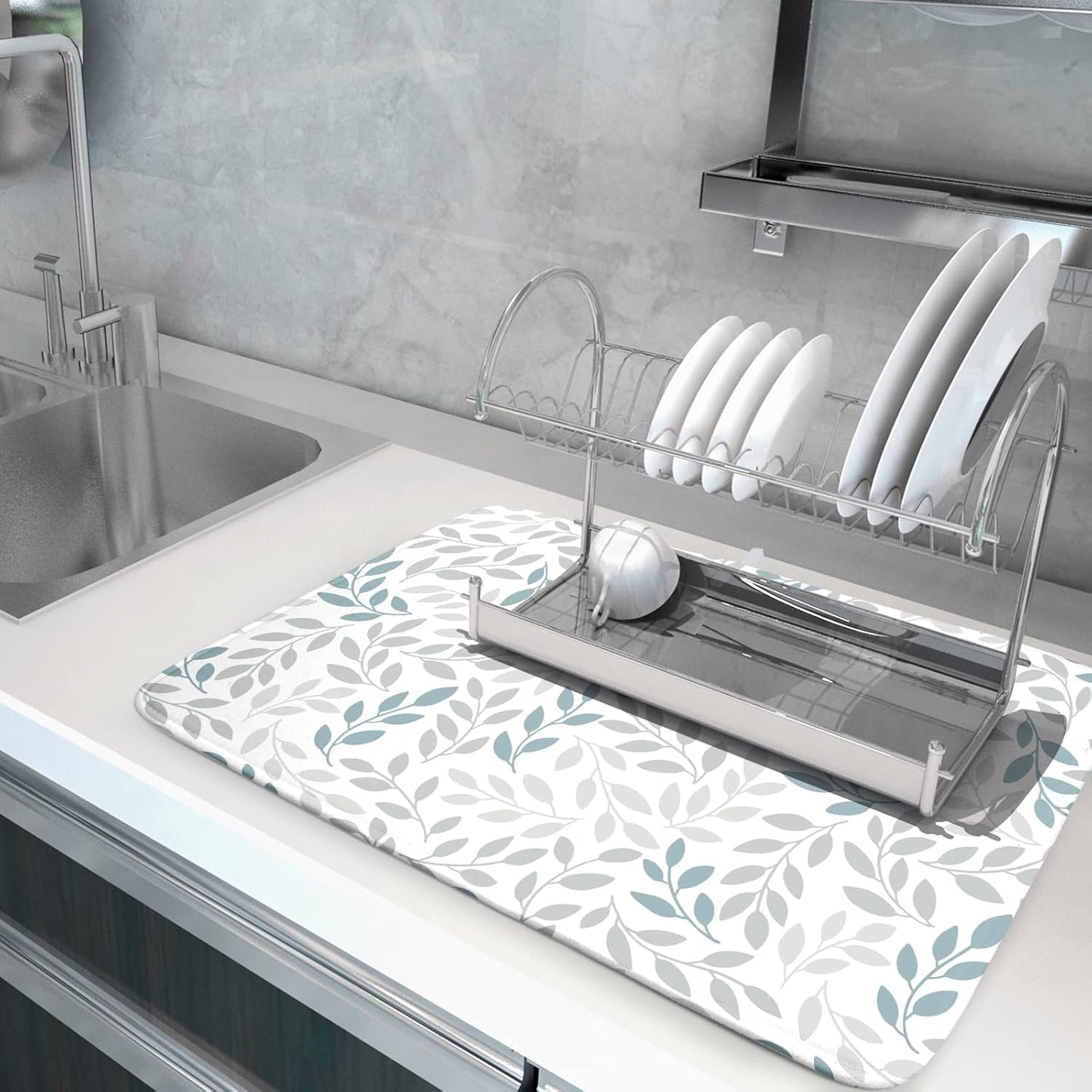 Dish Drying Mats for Kitchen Counter 16x18inch，Grey and Blue Leaves branches Dish Drying Mat for Kitchen Dishes Pad Dish Drainer Rack Mats Absorbent Fast Dry Kitchen Accessories