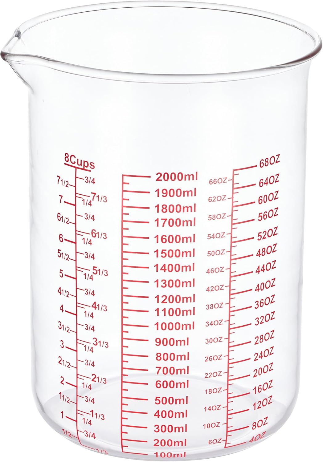 High Borosilicate Glass Measuring Cup-V-Shaped Spout，Glass Measuring Beaker for Kitchen or Restaurant, Easy to Read, 2000 ML (64 Oz, 8Cup)
