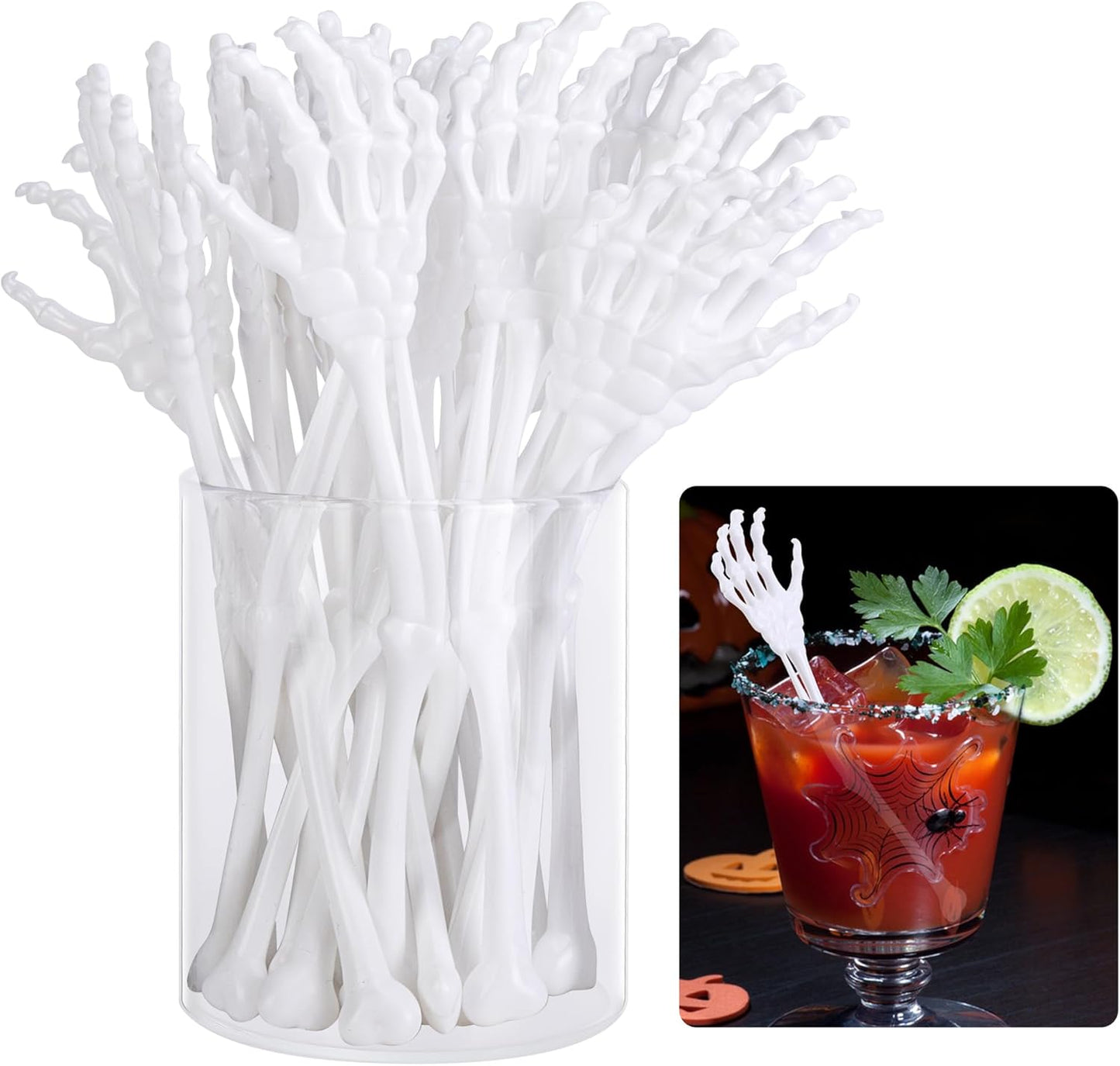 RunNico 25 Pcs 5.9''x1.5'' Halloween Skeleton Cocktail Stirrers, Reusable Skeleton Hand Swizzle Sticks, Halloween Plastic Drink Stirrer for Home Bar Horror Party Table Decorations Photo Props