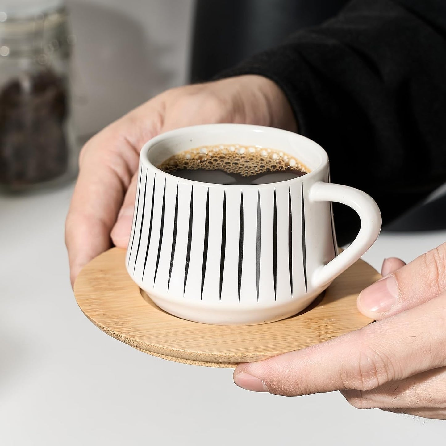 LUKA Ceramic Coffee Espresso Cups with Saucers Set with Metal Holder, 4 oz Porcelain Demitasse Cups For Espresso, Latte, Coffee, Cafe Mocha, Tea, Set of 6, Stripe White & Black