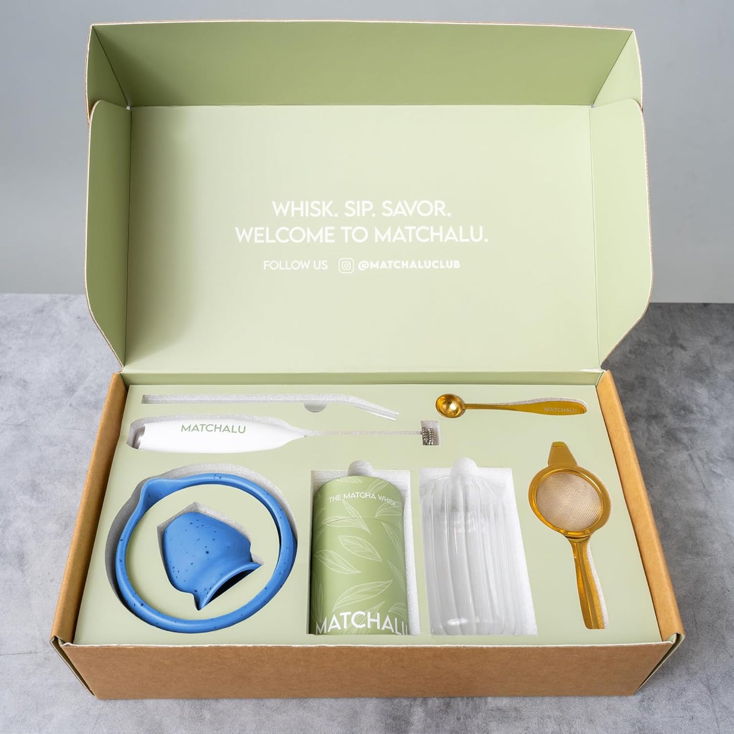 Premium 9 Piece Matcha Set Includes Ceramic Matcha Bowl, Bamboo Whisk & Holder, Stainless Steel Spoon & Sifter, Glass Cup & Straw, Electric Frother, Storage Bag - Gift for Matcha Lovers (Blue)