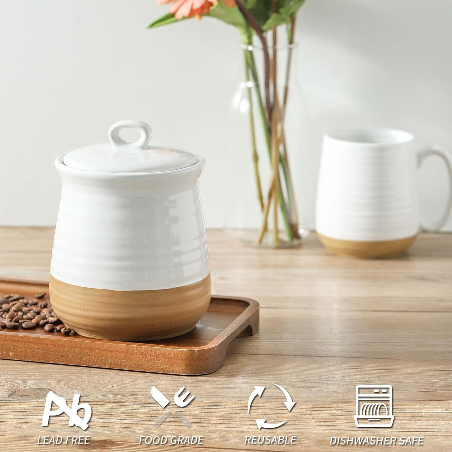 Ceramic Food Storage Jar,Coffee Canister for Countertop with Lids Airtight,Large Flour,Cereal,Spices,Beans,Rice and Candies Containers for Kitchen and Home,Farmhouse Kitchen Decor,35 OZ White