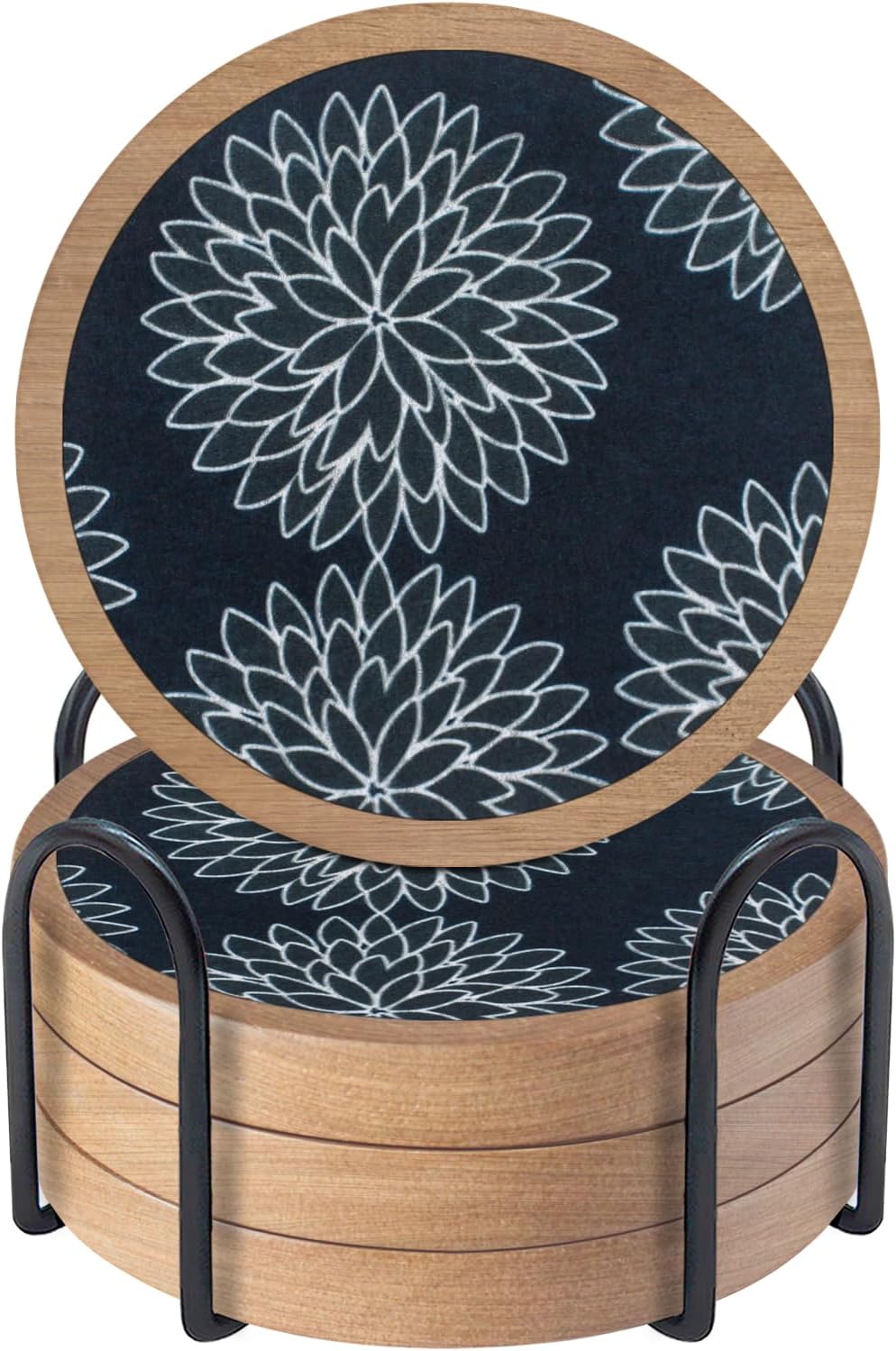 Wood Coasters Set of 4 with Holder, Cewiru Cup Mat for Drinks, Absorbent Coasters with Felt Insert for Coffee Table Protection, Modern Style Home Dining Table Decor, 4.3" Black