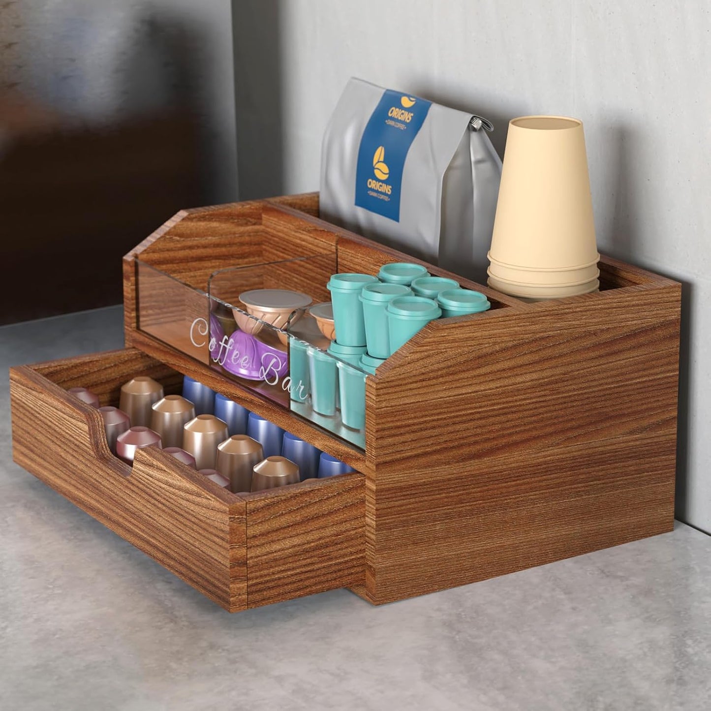 NiHome Solid Wood & Acrylic Coffee Station Organizer with Storage Drawer, Multi-Purpose Adjustable Compartments Coffee Pod Holder for Home, Office, Hotel, Kitchen Counter Storage for Tea, Sugar, Cups