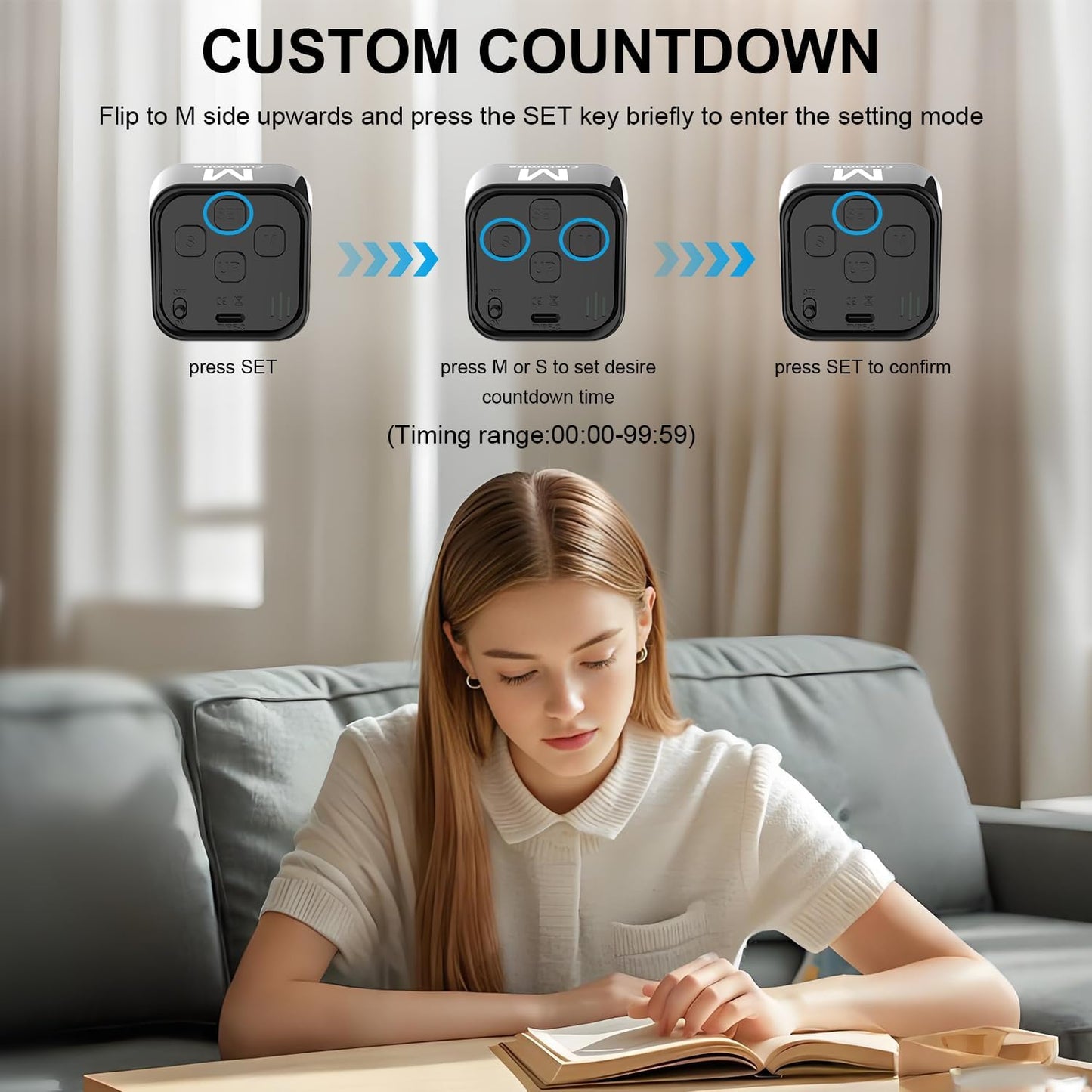 Rotating Cube Visual Timer 5, 25, 10, 50 Min Preset + Custom Countdown, Rechargeable Desk Productivity Flip Timer w/Silicone Case, Silent Mode, Ideal for ADHD Tool Study Work School (Black)