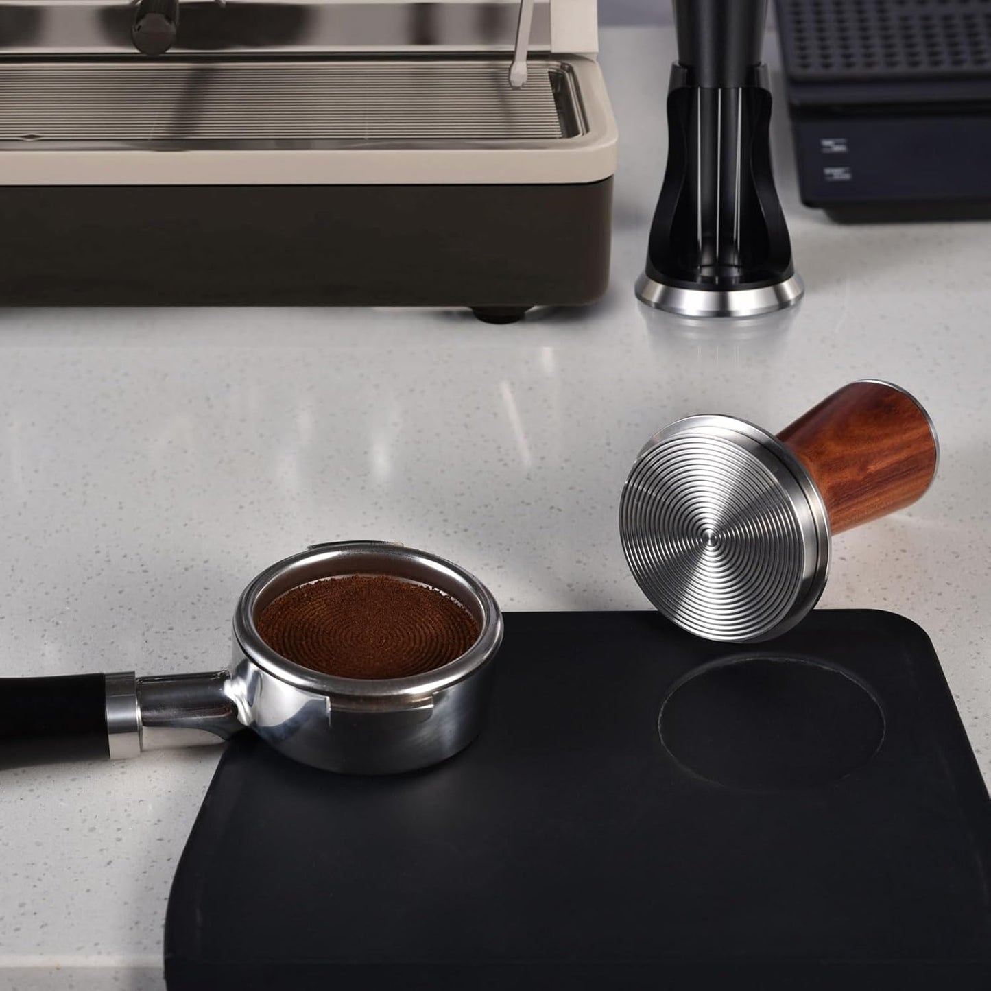 58.5mm Espresso Hand Tamper, Dual Calibrated Spring Loaded Coffee Tamper with Stainless Steel Ripple Base, Pro-barista 30lbs Espresso Tamper with Red Rosewood Handle Fits 58mm Portafilter