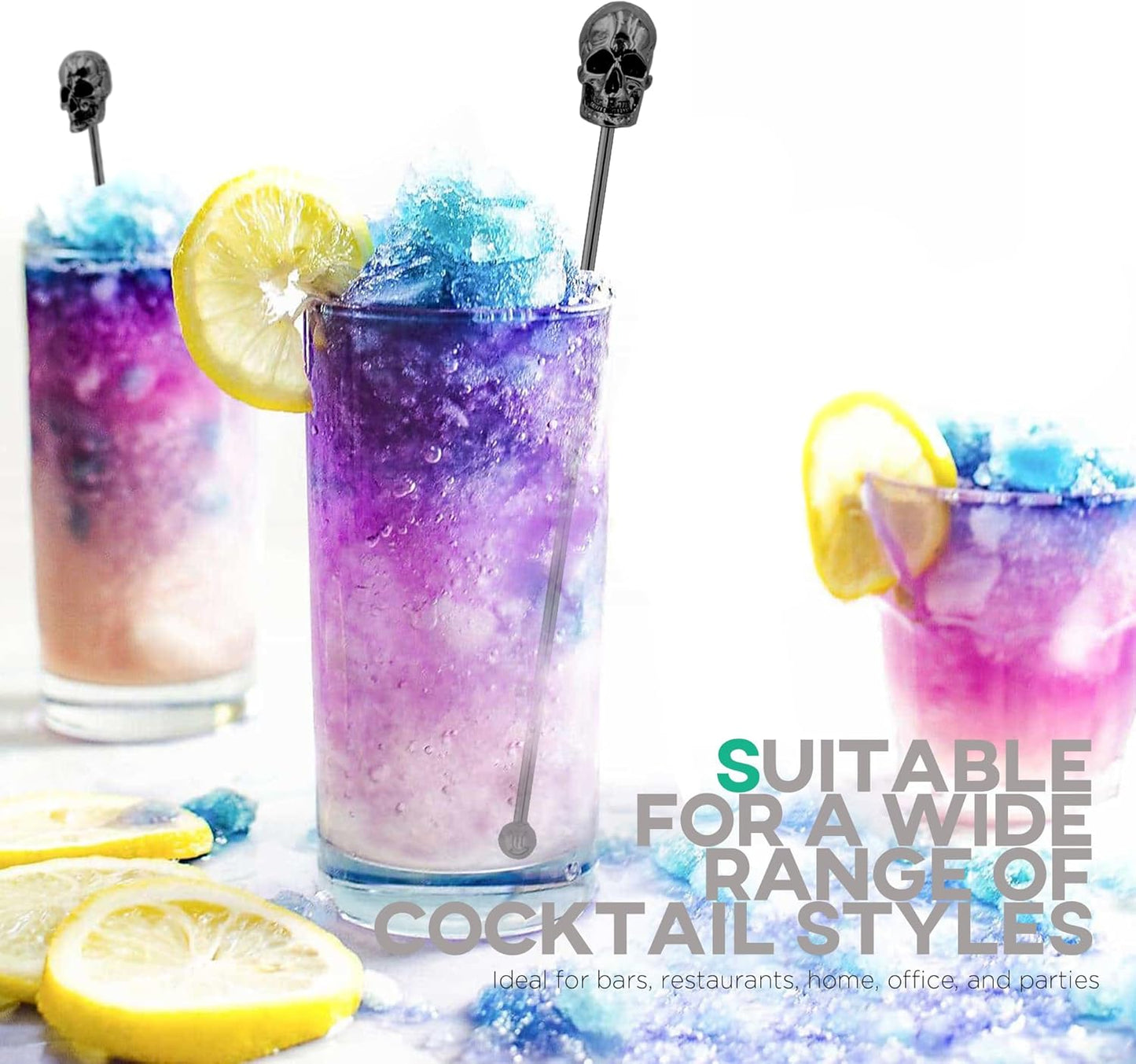 Homestia 6Pcs Skull Swizzle Sticks 7.5inch Coffee Stirrers Reusable Stainless Steel Beverage Cocktail Stirrer for Bar Halloween Party Mixing Drinks (Black)