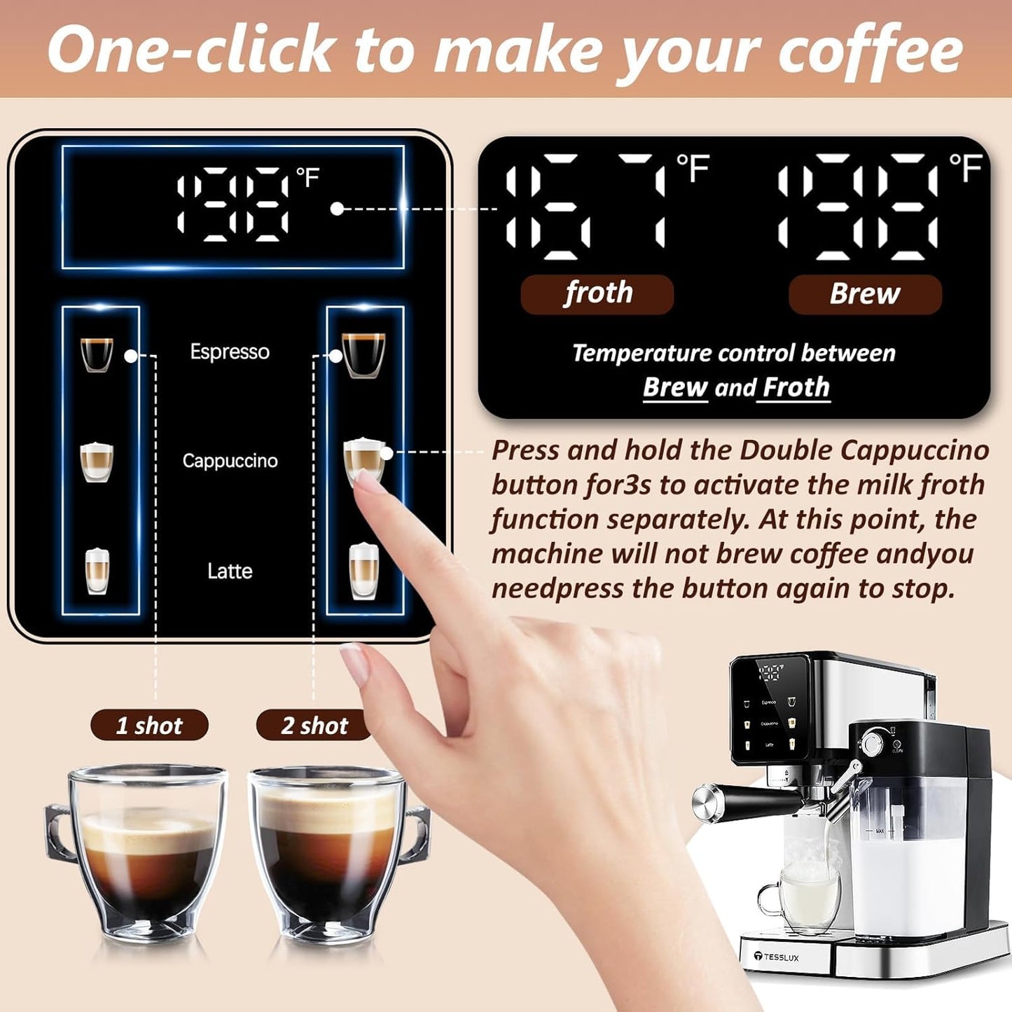 Espresso and Cappuccino Machine, 20 Bar Dual Boiler Latte Maker with Touch Control & Digital Temperature Display, Compact Coffee Machine for Home, Automatic Milk Frother
