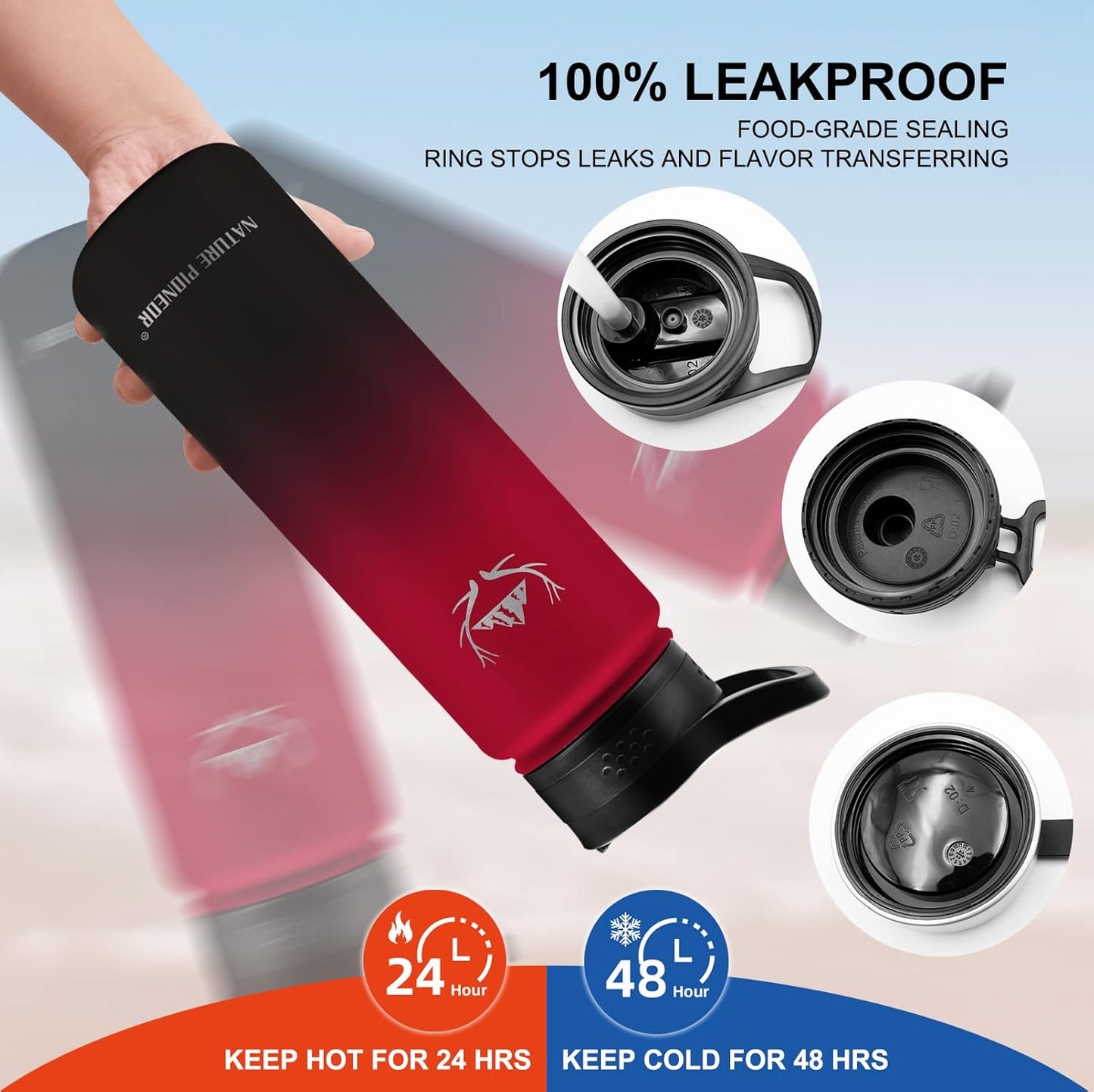 NATURE PIONEOR Insulated Water Bottles with Straw - 24oz Stainless Steel Vacuum Bottle with Holder/Carrier/Sleeve - Reusable 18/8 Food Grade 24 oz Water Jug