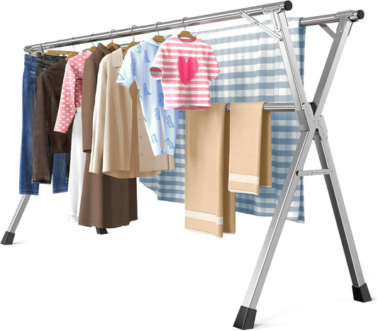 79 Inches Heavy - Duty Stainless Steel Folding Clothes Drying Rack Indoor Outdoor Anti-Rust 20 Windproof Hooks Portable & Foldable Laundry Rack (79'')