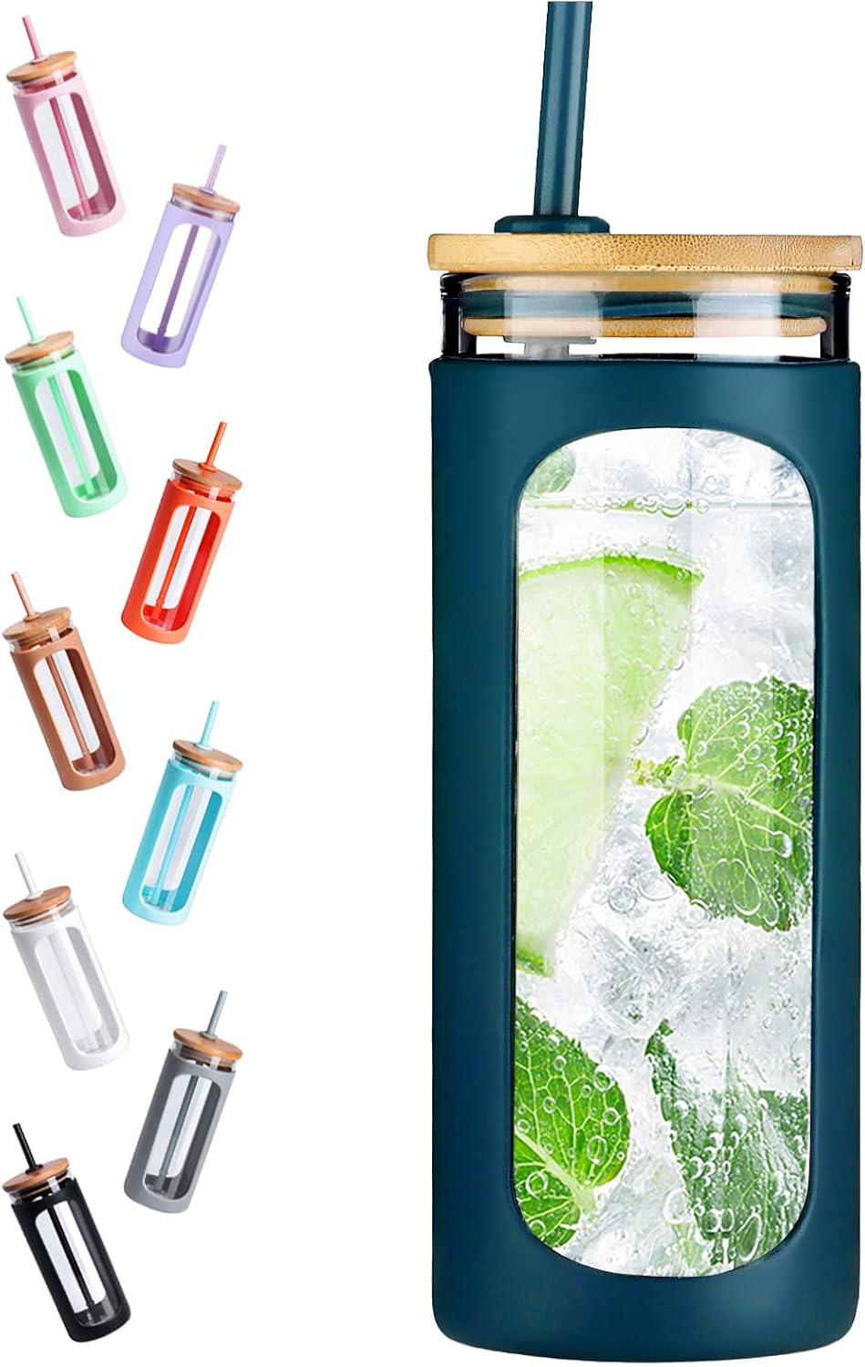 Kodrine 20oz Glass Tumbler with Straw and Lid, Iced Coffee Cups with Bamboo Lids, Glass Cups for Cold Drinks, Smoothie Cup with Silicone Sleeve for Travel, Work, BPA FREE-RoyalBlue