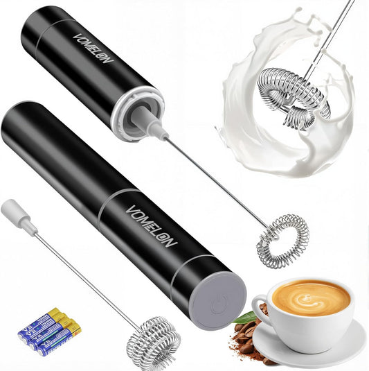 Milk Frother Handheld, Battery Operated Coffee Foamer Drink Mixer with 2 Stainless Steel Electric Whisks for Coffee, Latte, Cappuccino, Hot Chocolate, Protein，Egg Batteries Included,Black