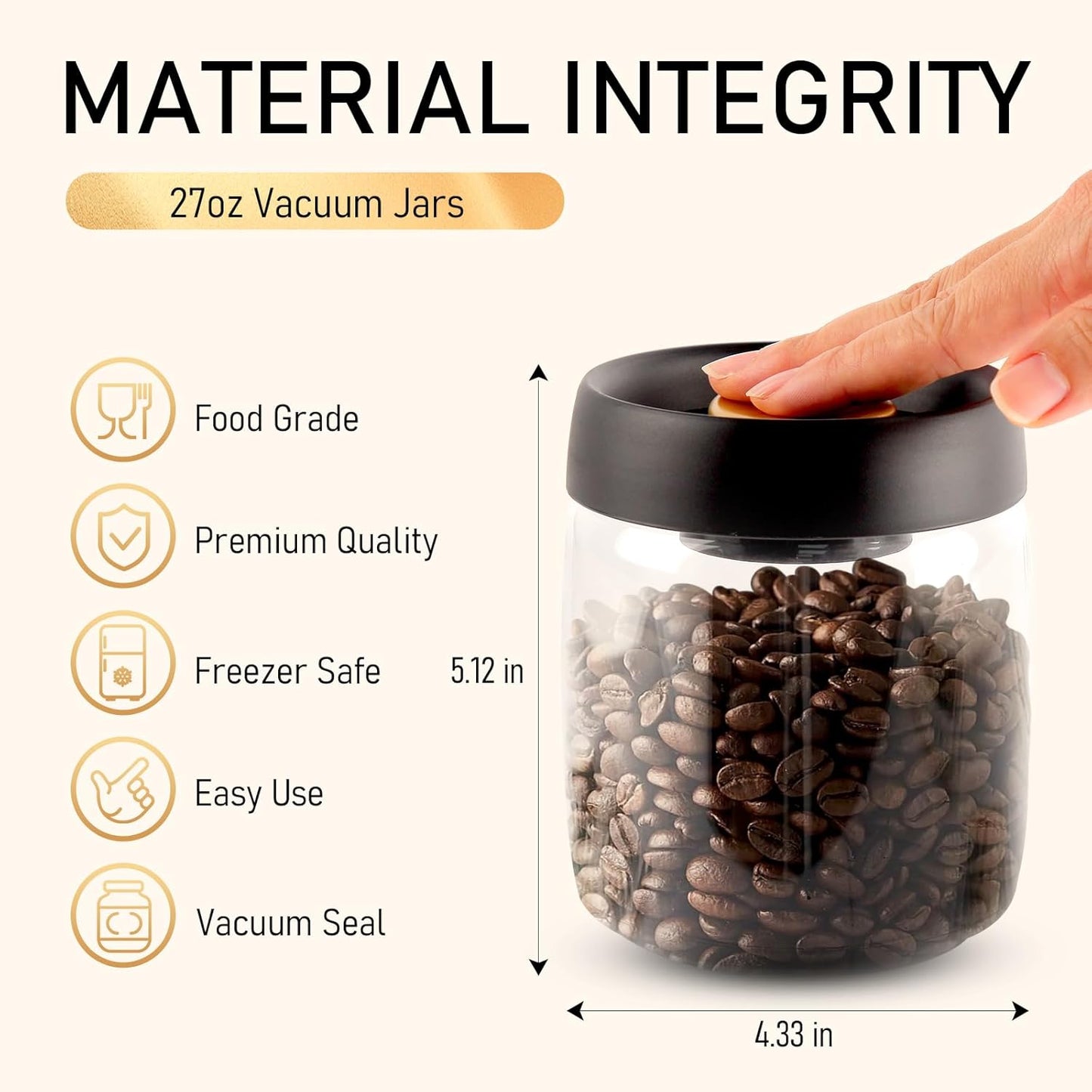 Coffee Vacuum Container Mason Jars: Food Coffee Bean Storage Containers with Lids Airtight, Plastic Wide Mouth Mason Jars Vacuum Sealer, Manual Vacuum Extraction Sealed Tank, 2pcs 800ml