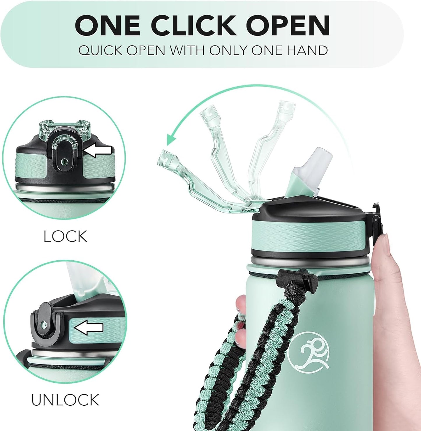 GOSWAG Insulated Sports Water Bottle, 24oz 2 Lids(with Straw/No Straw), Stainless Steel Water Bottles with Paracord Handle, Insulated Bottle with Double-Wall Vacuum Insulation