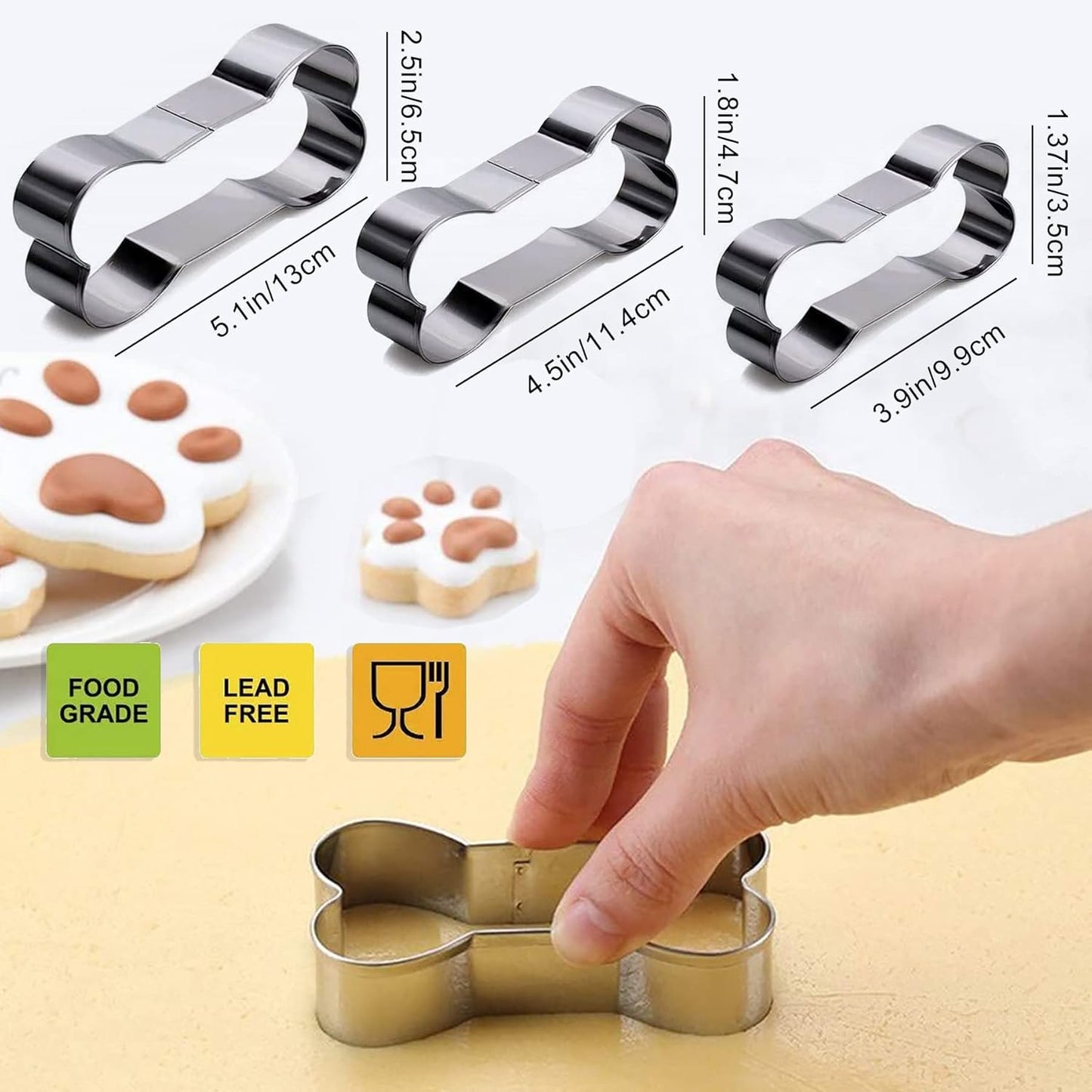 Dog Treat Molds, Dog Paw and Bone Shaped Silicone Molds，3 Packs Stainless Steel Cookie Cutter，for Chocolate, Candy, Jelly, Ice Cube, Dog Treats - Set of 11