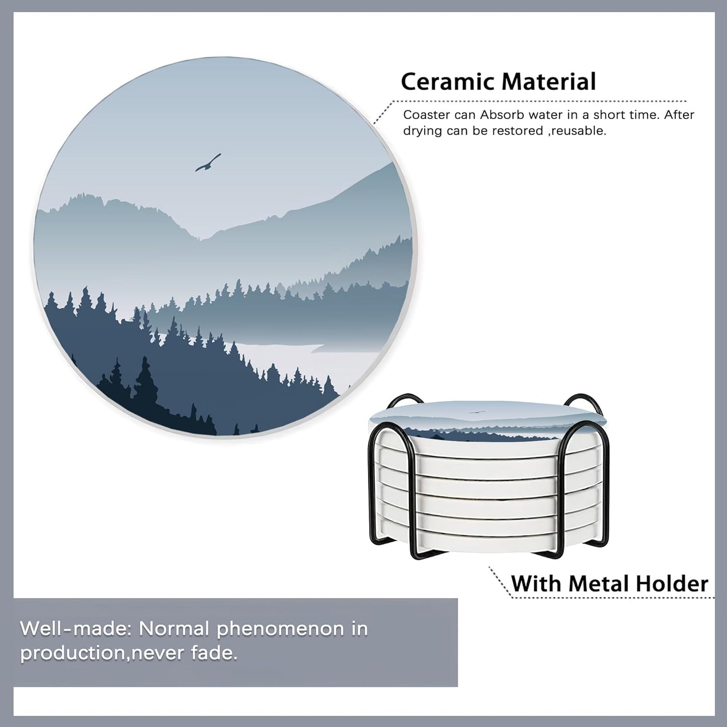 Drink Coasters Set of 6 with Holder,Misty Forest Mountains and Birds Absorbent Ceramic Coasters with Cork Base,Fit All Cups,Tabletop Protection Mat for Mugs and Cups,Office,Kitchen