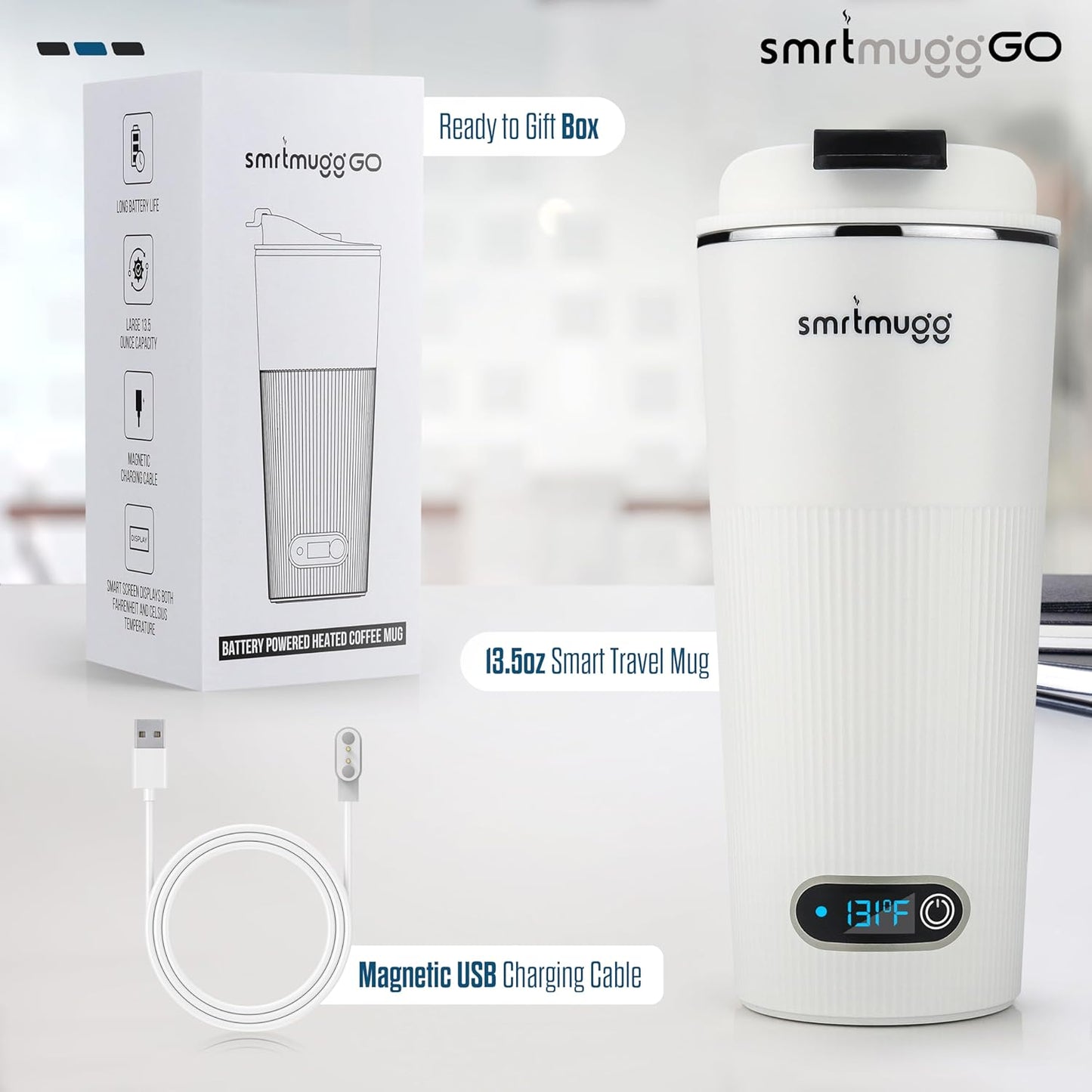 GO Heated Coffee Mug, Travel Mug, 13.5 OZ. Smart Mug, Battery Powered Heated Coffee Mug, Great for Coffee and Tea, Snap on Magnetic Charging Cord, New and Improved (White)