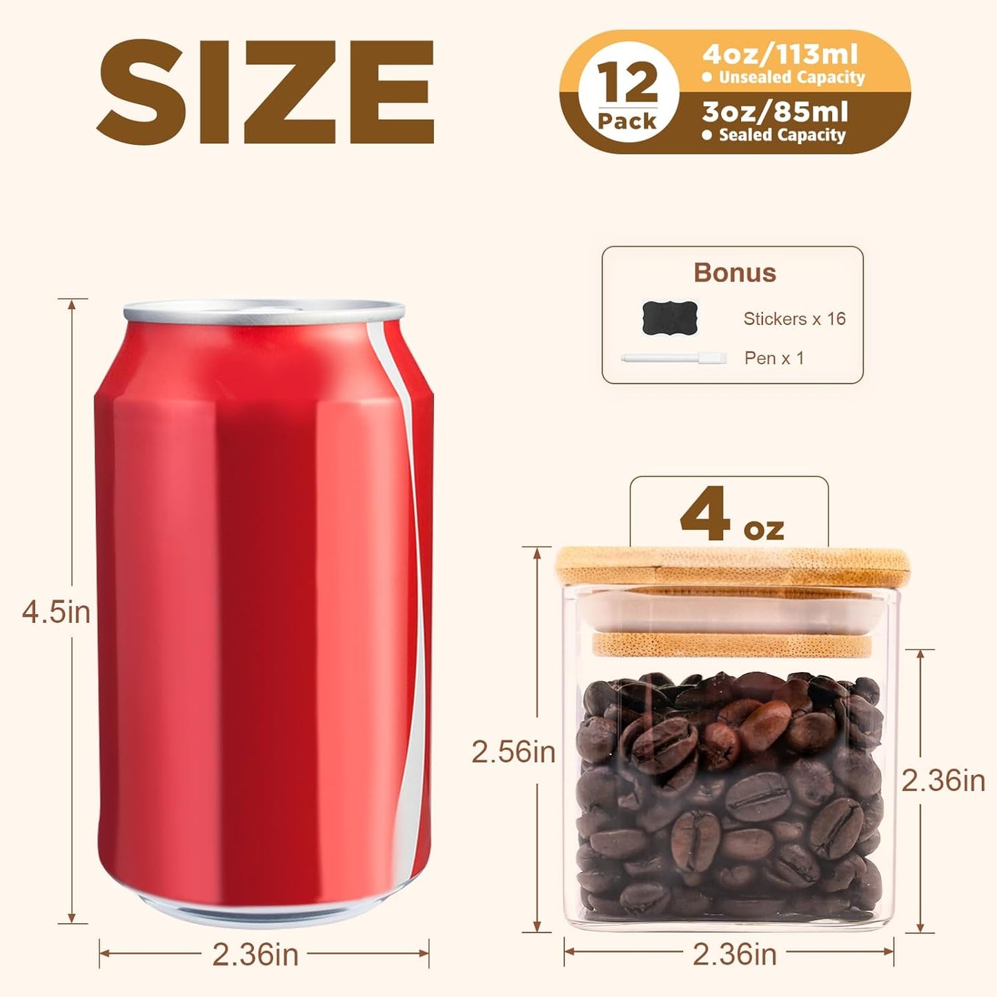 Glass Food Storage Jars Square 4oz, 12 Pack Glass Jars With Bamboo Lids, Kitchen Storage Containers For Spice, Candy, Cookie, Storage For Pantry Organizers