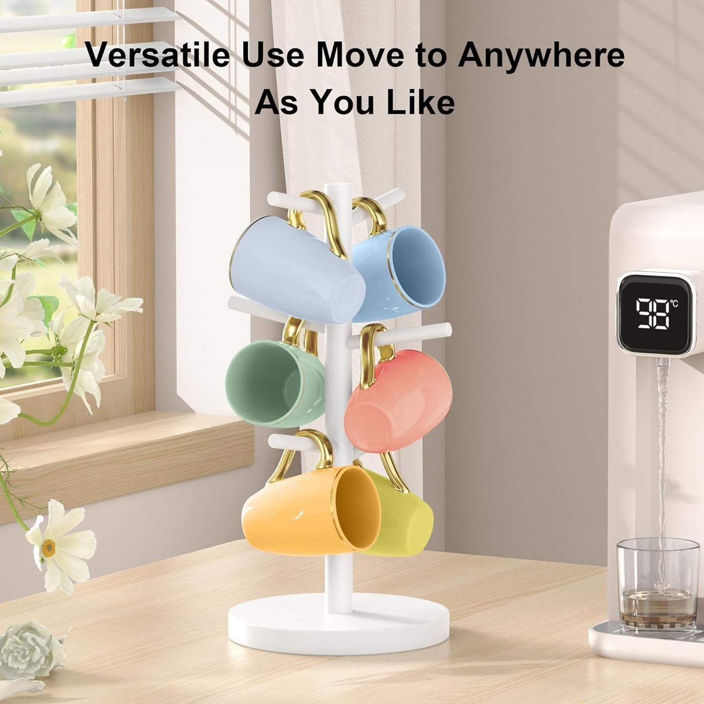 Wisuce Black Coffee Mug Tree Bamboo Mug Holder Coffee Cup Stand Mug Holders for Countertop Coffee Mug Rack Organizer Stand (White)