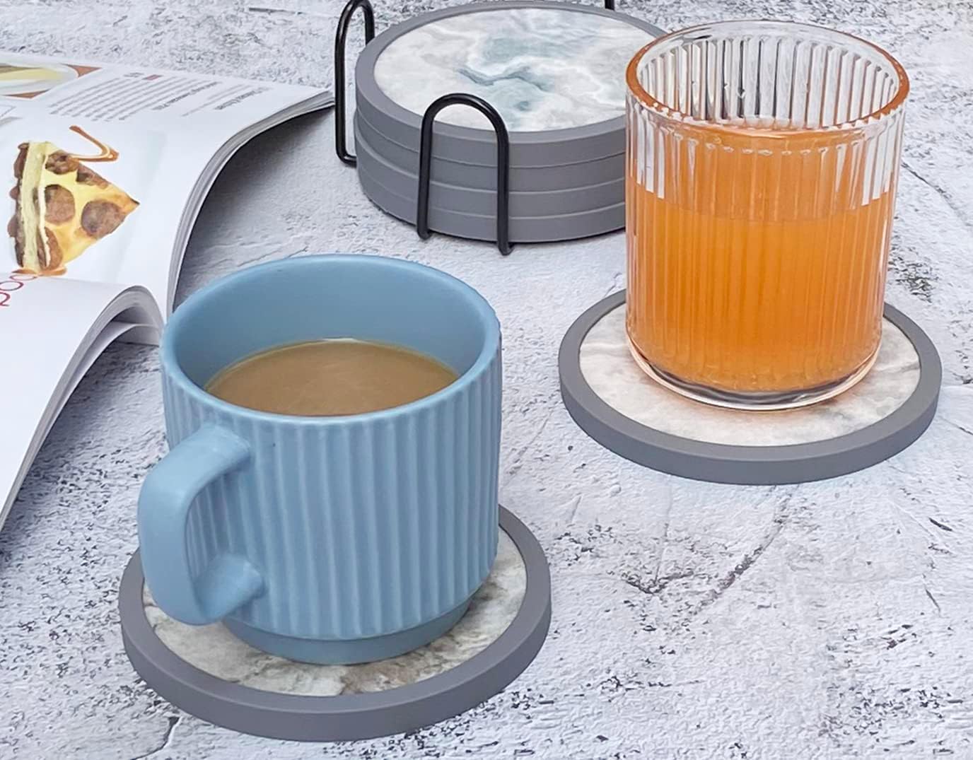 Absorbent Coasters for Drinks with Holder - 6packs, Silicone Coaster with Soft Felt Insert (4.3 inch Coasters with 4.5 inch Holder, Marble Style)