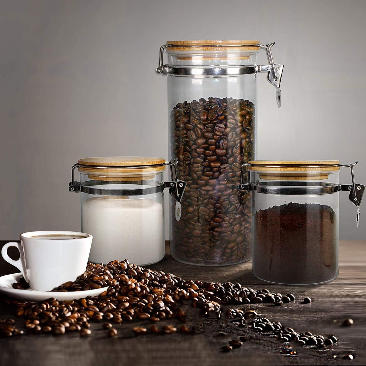 Set of 5 Borosilicate Glass Sugar Packet Holder Food Storage Jar Containers with Airtight Bamboo Clamp Lid, Airtight Canisters for Kitchen Bathroom and Pantry Organization, Cookie Jars for Flour