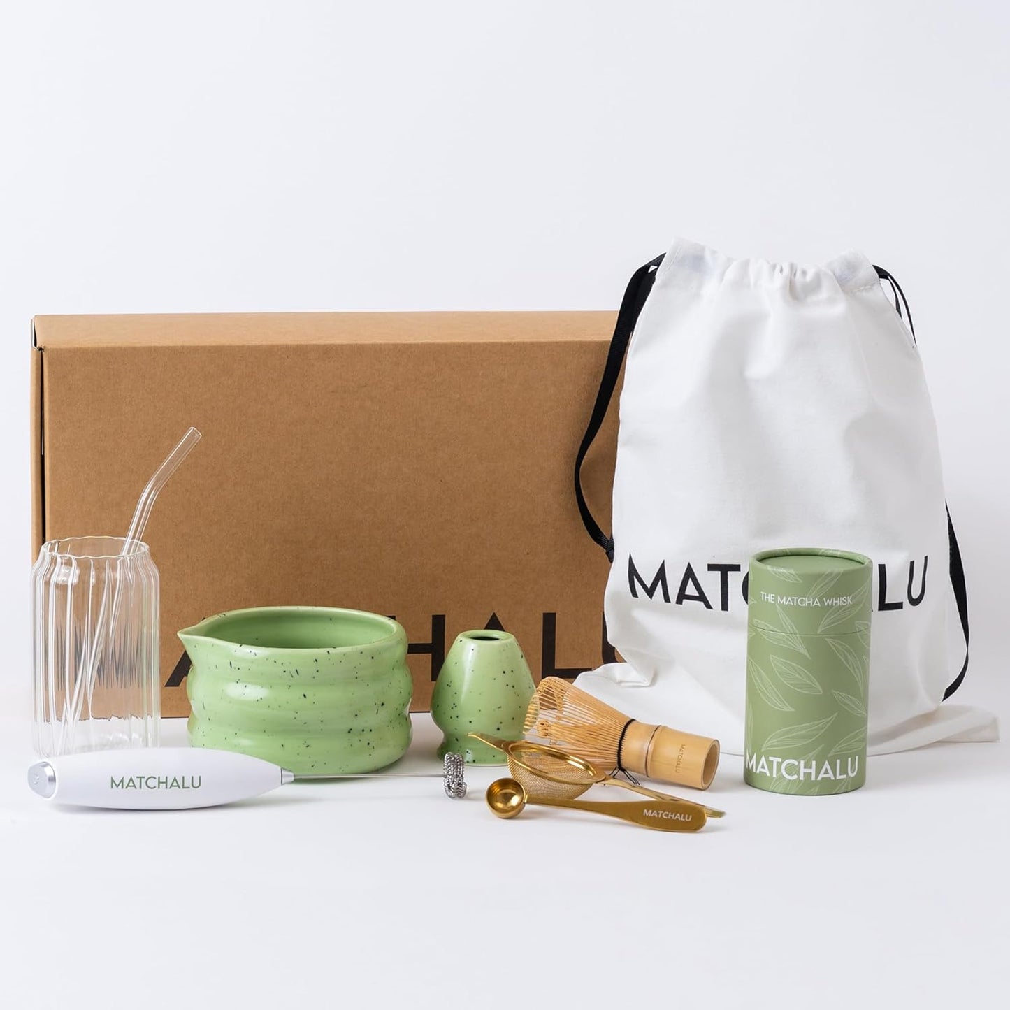 Premium 9 Piece Matcha Set Includes Ceramic Matcha Bowl, Bamboo Whisk & Holder, Stainless Steel Spoon & Sifter, Glass Cup & Straw, Electric Frother, Storage Bag - Gift for Matcha Lovers (Green)