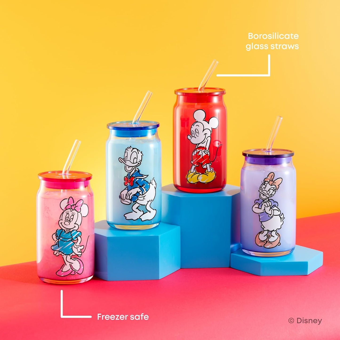 JoyJolt Disney Mickey Mouse and Friends Color Sketch Glass Tumblers with Lids and Straws, 16oz Glass Cups with Lids and Straws, Can Shaped Drinking Glasses Set of 4, Disney Gifts for Adults