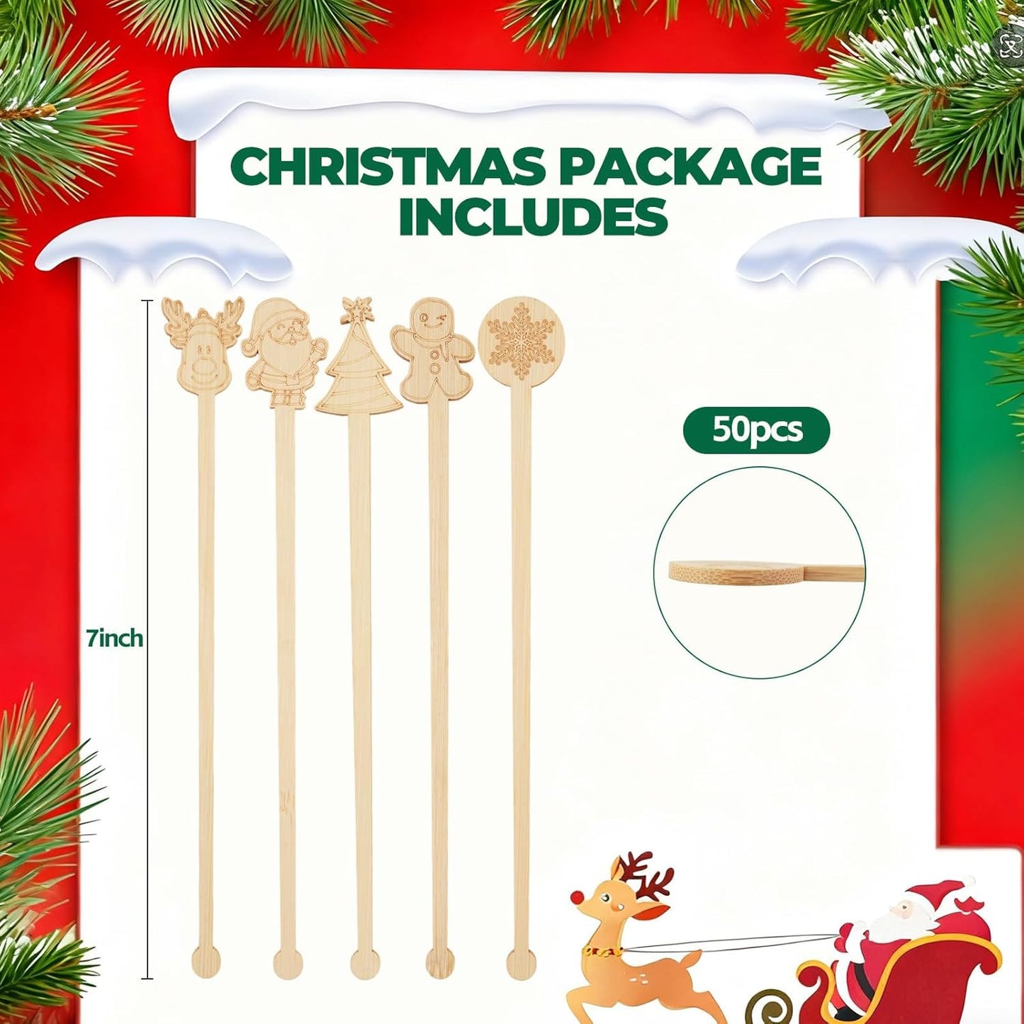 60 PCS Christmas Bamboo Coffee Blender 7 Inch Bamboo Blender Cocktail Blender Biodegradable Disposable Drink Mixer for Christmas Office Milk Cocktail Tea Party Supplies (50)