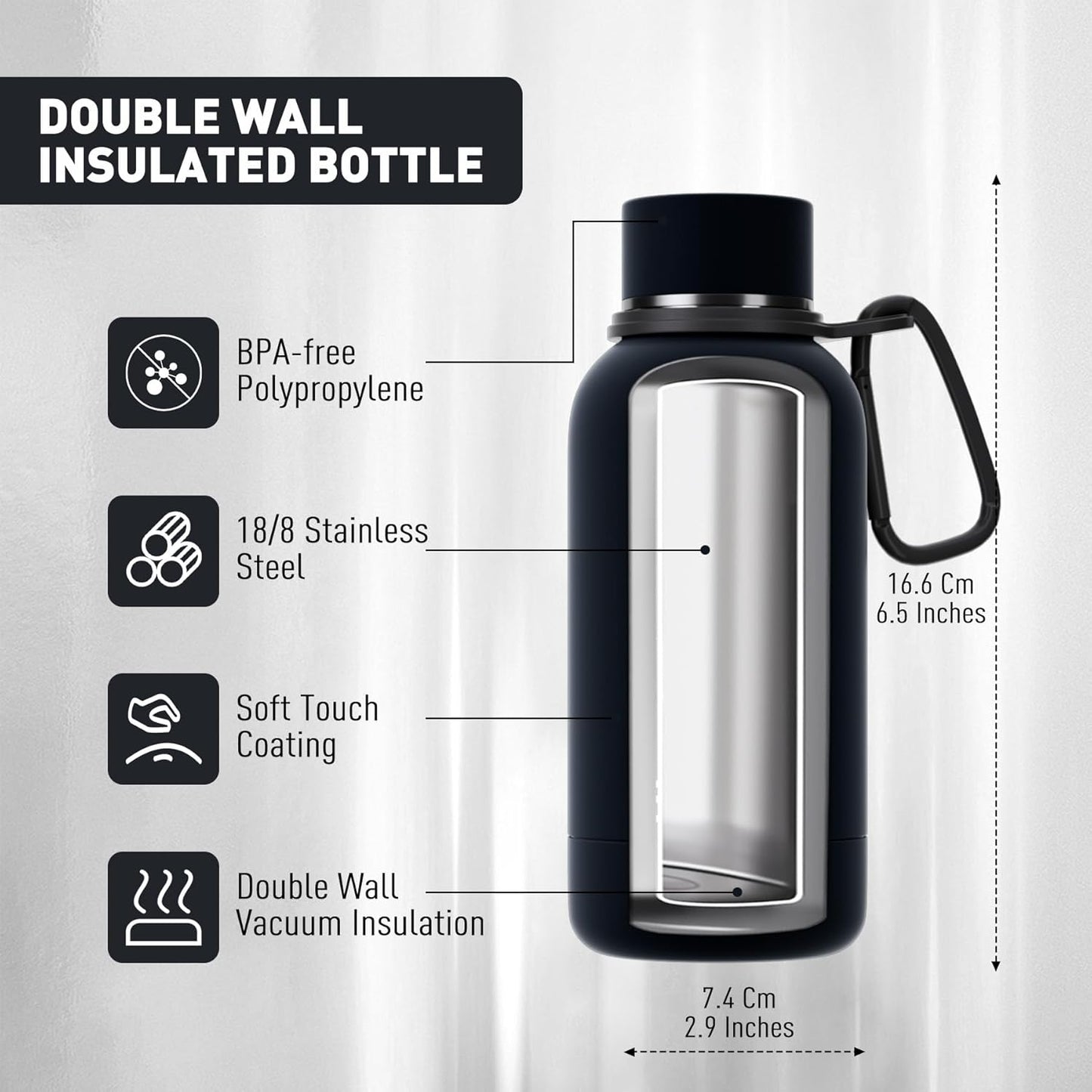 Small Water Bottle 12oz with Clip, Double Wall Stainless Steel Vacuum Small Insulated Water Bottle Keeps Drinks Cold 24 Hrs/Hot 12 Hrs for Kids Handbag School BPA Free (Black)