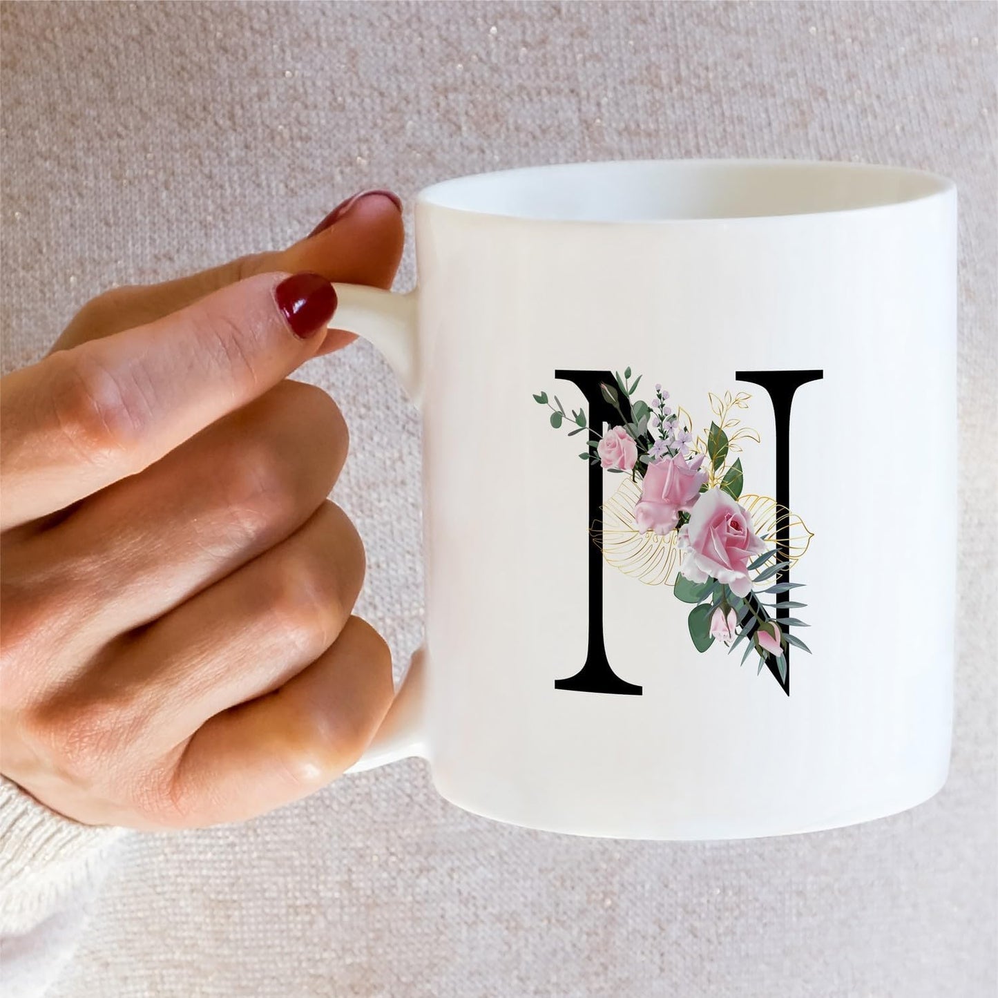 Retreez Initial A-Z Floral Botanical Bouquet Alphabet Monogrammed Monogram Mug 11 Oz Ceramic Tea Coffee Mugs - Appreciation Thank You Wedding Birthday Gifts for her friend coworker sister - N Initial