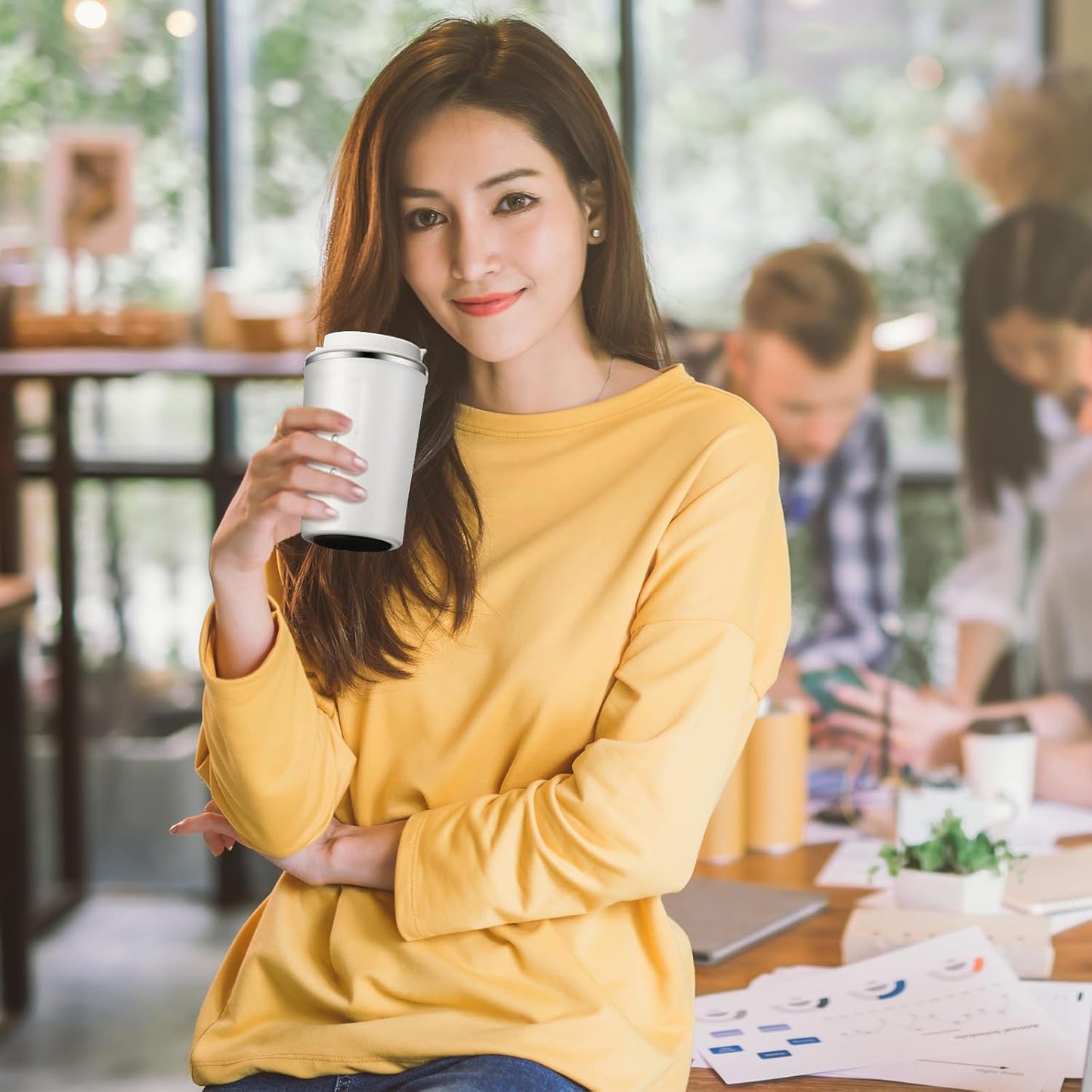 Sieral 4 Pcs 13 oz Travel Coffee Mug Insulated Reusable Coffee Cups with Leakproof Lid Stainless Steel Portable Tumbler for Keep Hot or Ice Milk Tea(White)