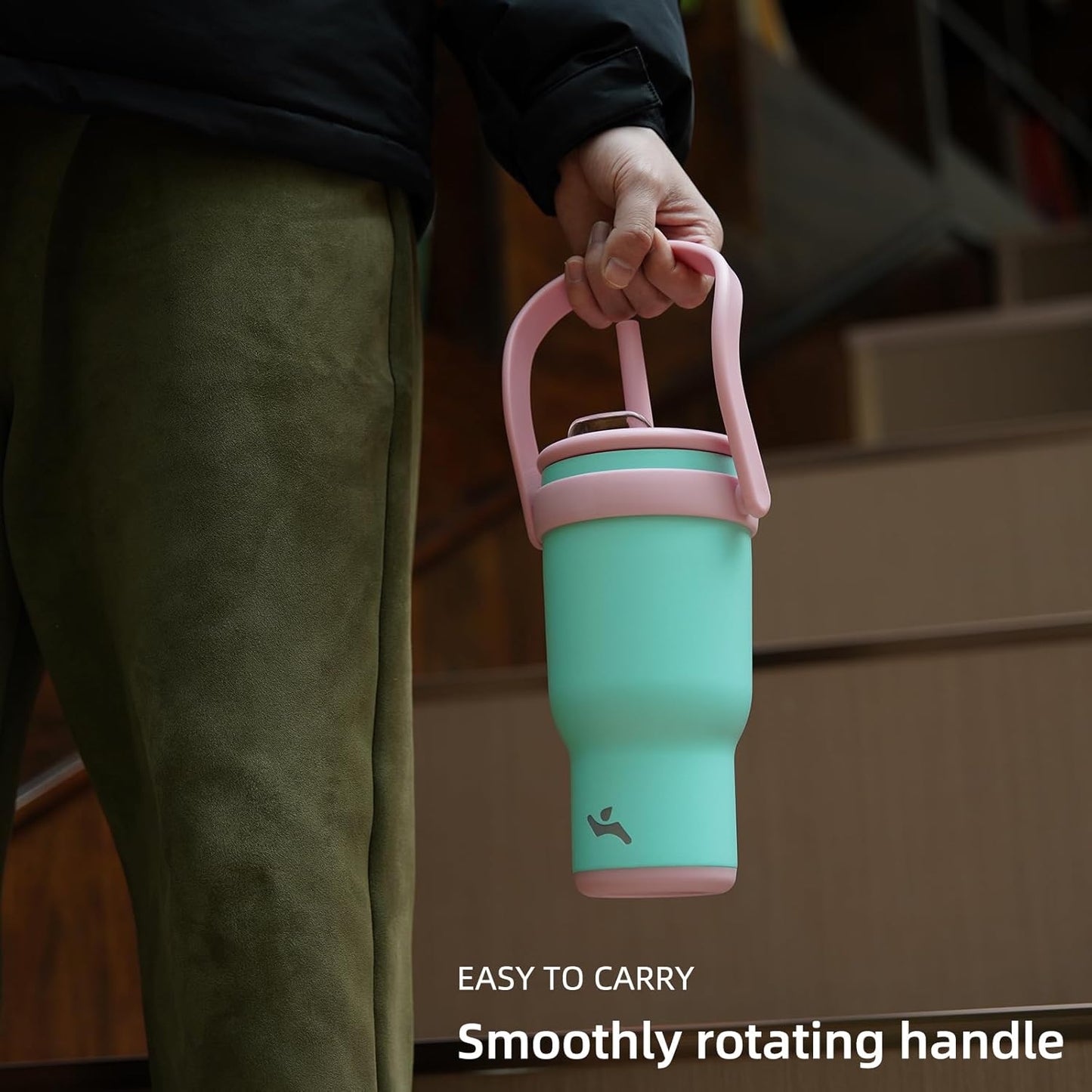 30 oz Tumbler with Side Handle, Insulated Water Bottle with Straw and 2 in 1 Lid, Stainless Steel Cup Travel Coffee Mug for Sports Office Gym,Rose Pink